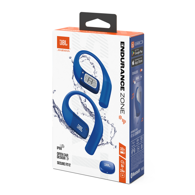 Blaue JBL Endurance Zone Ohrhörer auf einer Box. Die Box hat das JBL-Logo und Informationen zum Produkt, einschließlich Akkulaufzeit und Bluetooth.