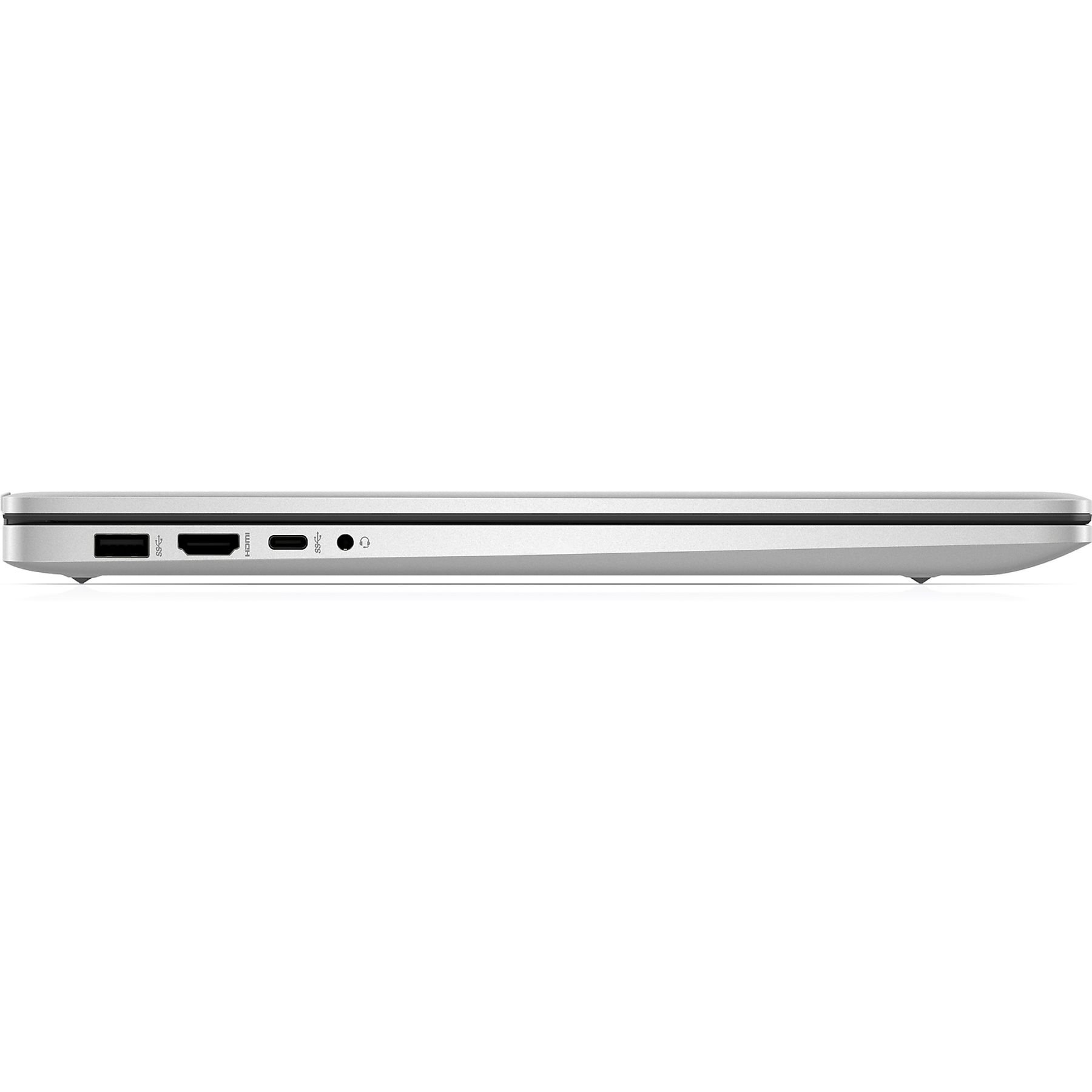 A silver laptop side view. Visible ports include USB, HDMI, USB-C, and a headphone jack. The laptop is closed.
