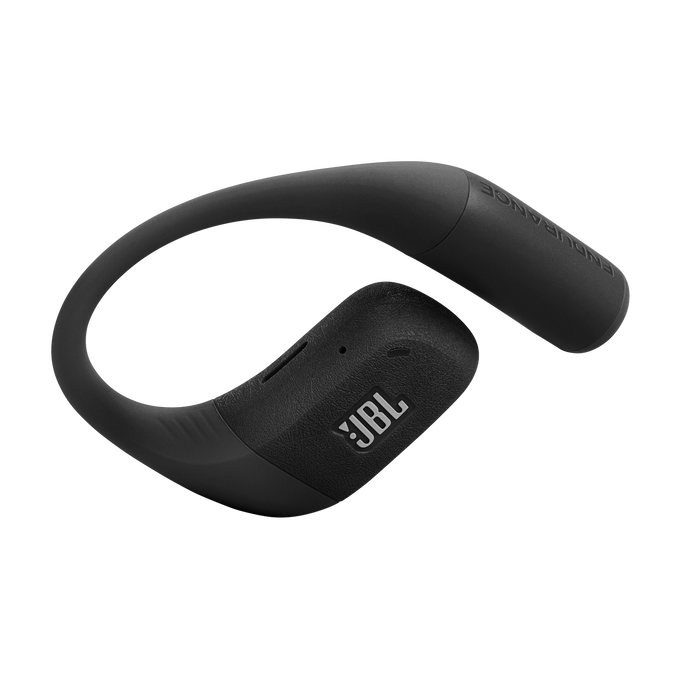 Schwarzer kabelloser JBL Endurance-Ohrhörer. Der Ohrhörer hat ein gebogenes Design, um über dem Ohr zu sitzen. Das JBL-Logo ist sichtbar.