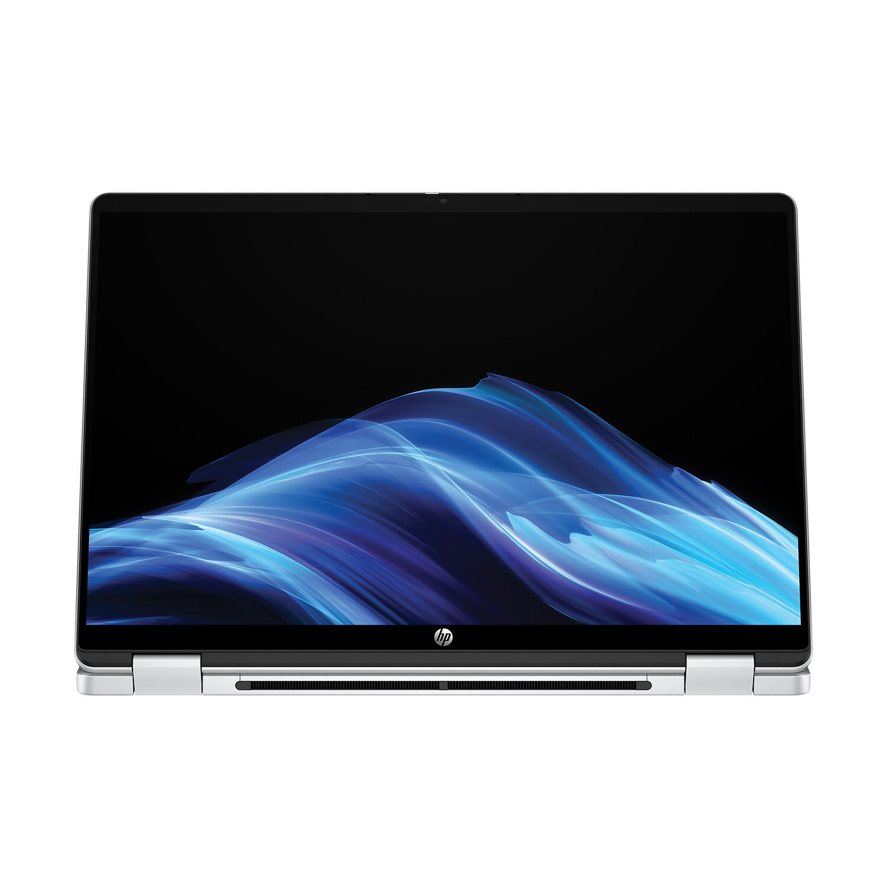 A silver HP laptop is open. The screen shows blue and white abstract shapes against a black background.