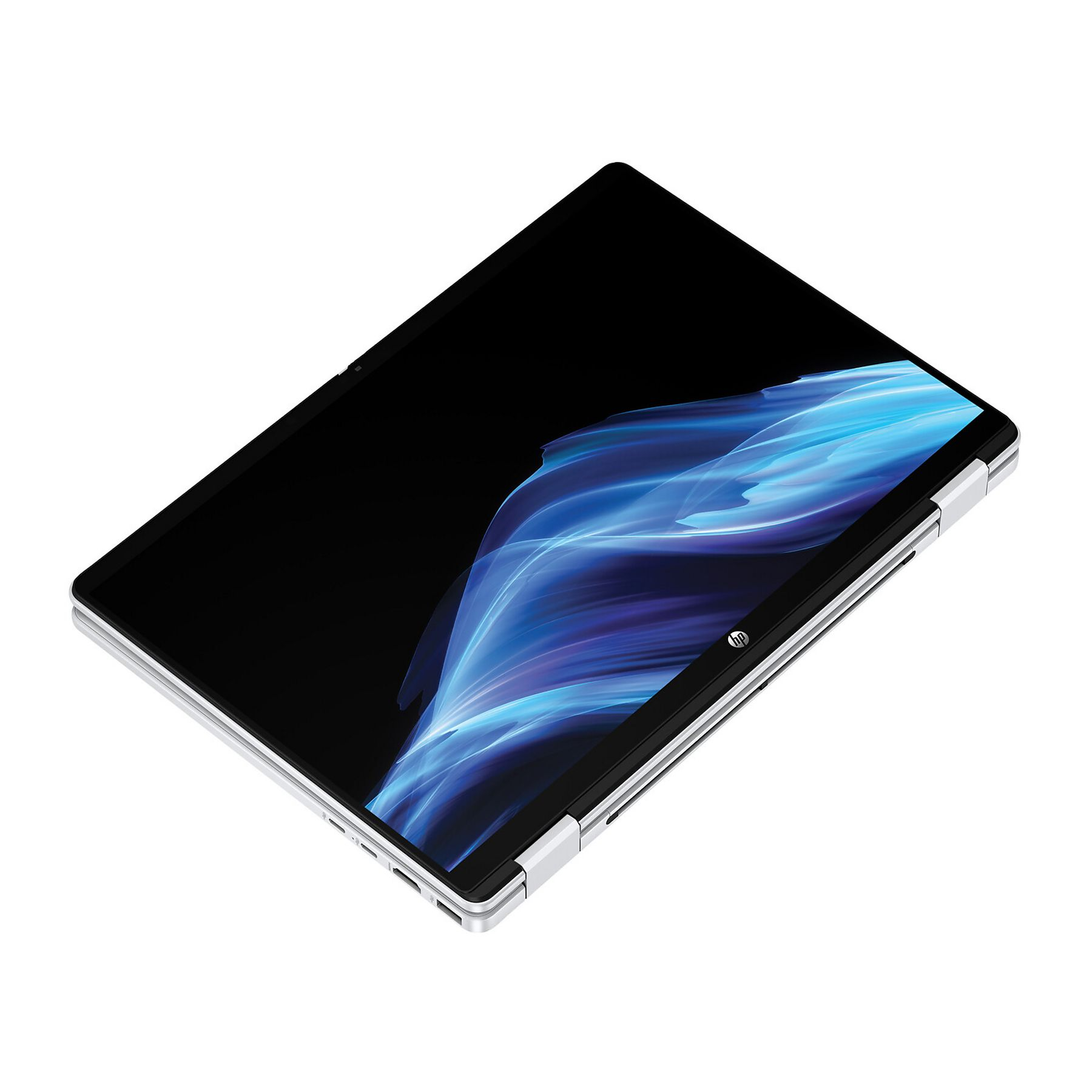 An angled laptop with a black screen displaying blue and white abstract lines. The laptop is silver and has an HP logo.