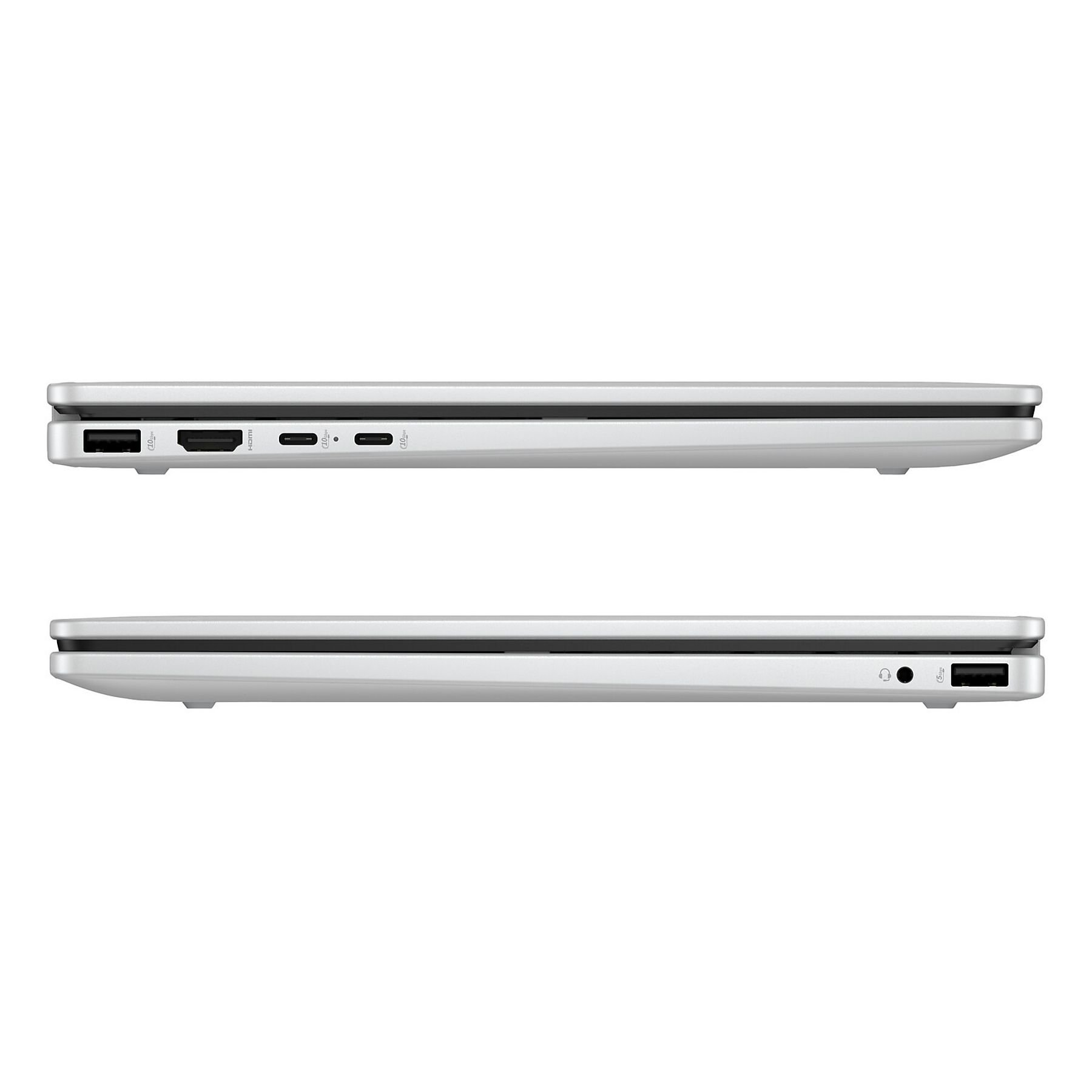 Two silver laptops side view. Top one has ports HDMI, USB. Bottom one has audio jack and USB port.