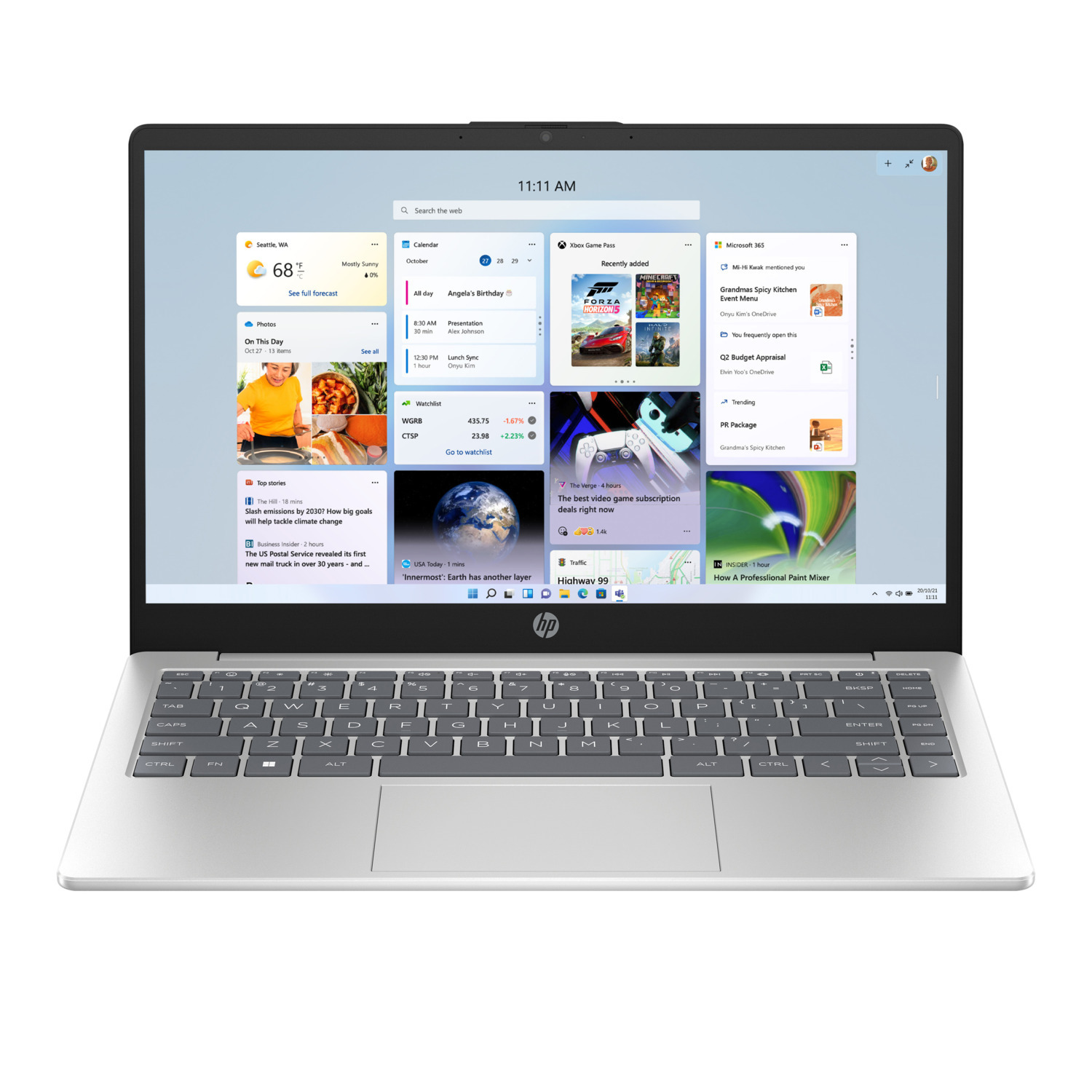 Laptop displaying Windows 11 interface with news and apps. Keyboard visible. HP logo on the bottom panel.