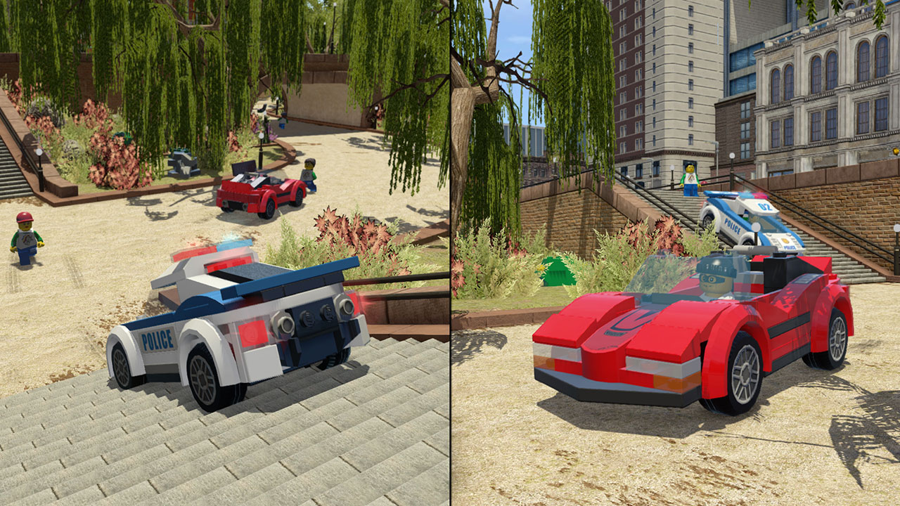 Lego-Stadt-Szene mit einem Polizeiauto, einem roten Sportwagen, Minifiguren und Gebäuden im Hintergrund. Bäume und Treppen sind sichtbar.