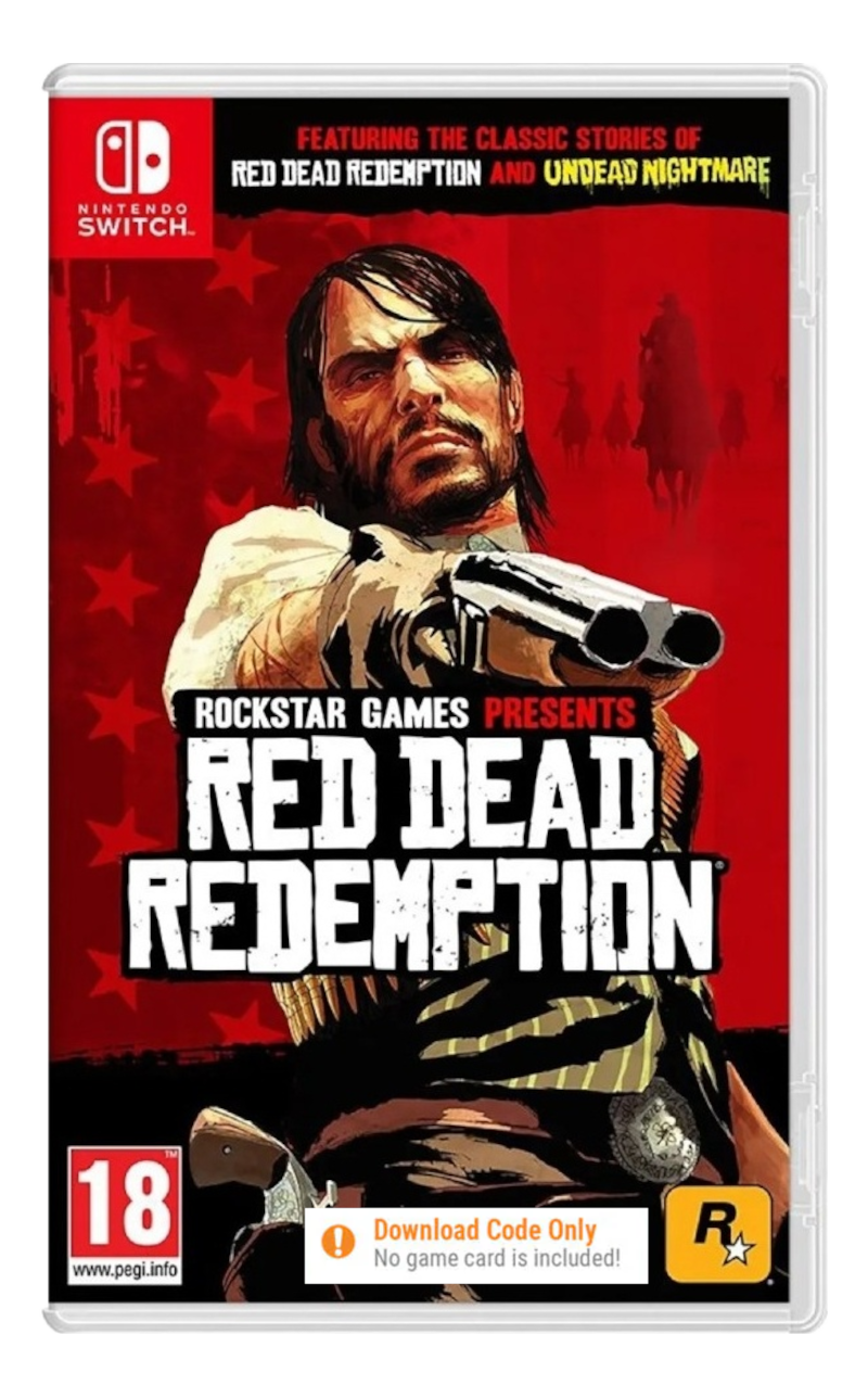 Copertina del gioco Red Dead Redemption. Un uomo tiene una pistola. Sfondo rosso con stelle e testo.