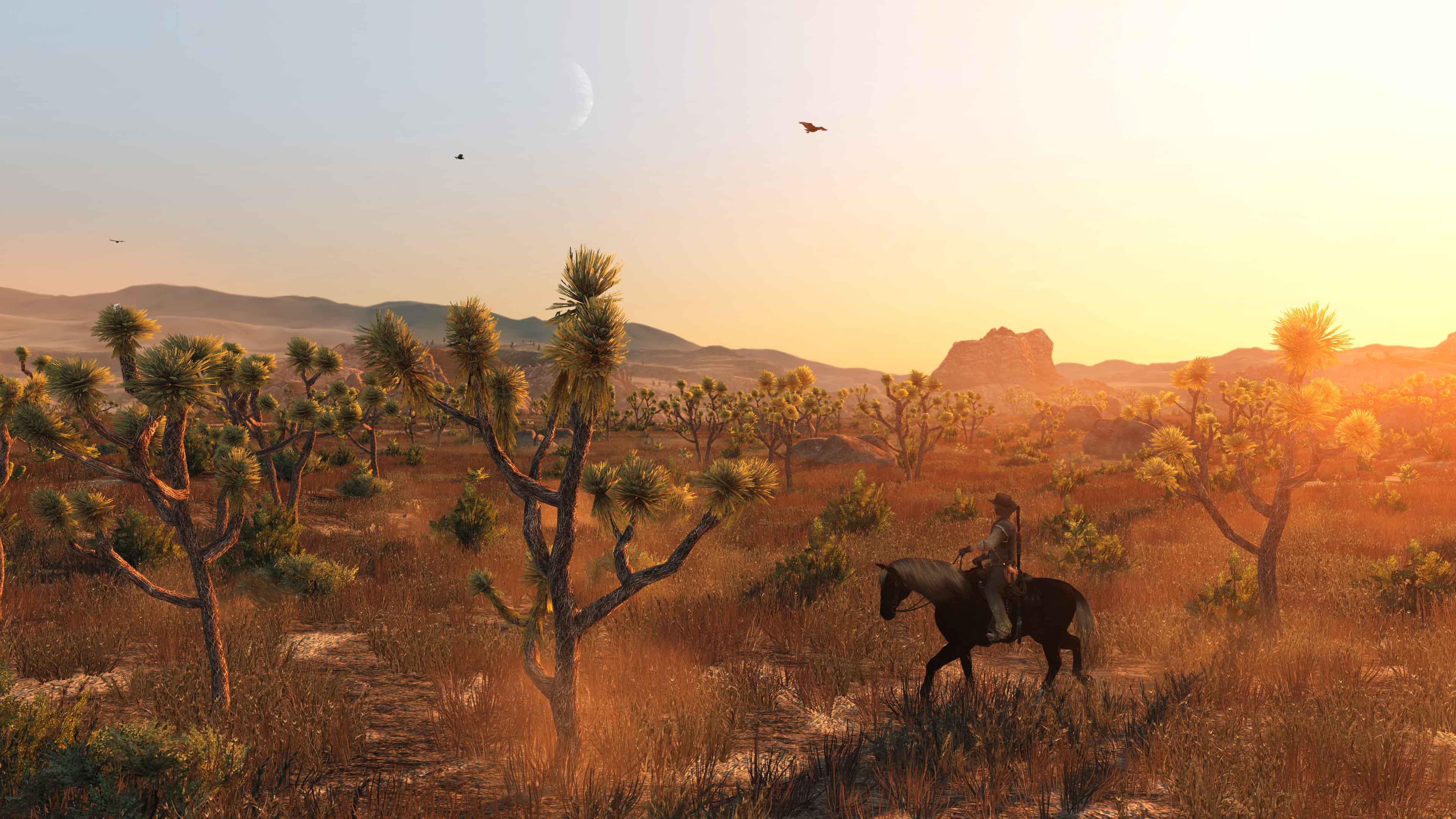 Un cowboy cavalca un cavallo nero attraverso un paesaggio desertico al tramonto, con alberi di Giosuè e montagne sullo sfondo.
