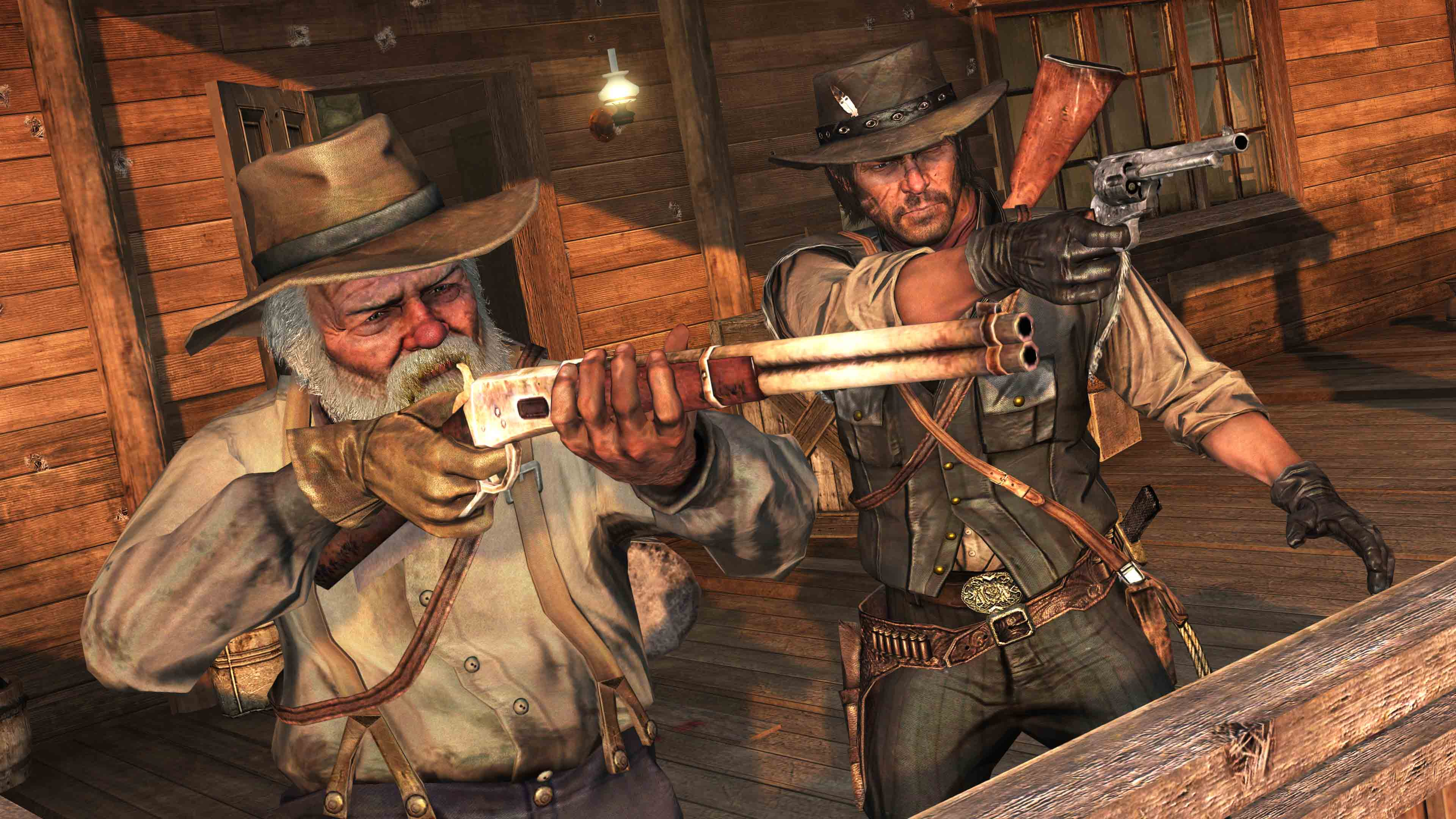 Due uomini con pistole in una capanna di legno. Uno tiene un fucile, l'altro un revolver. Entrambi indossano cappelli e guanti, puntando le pistole.