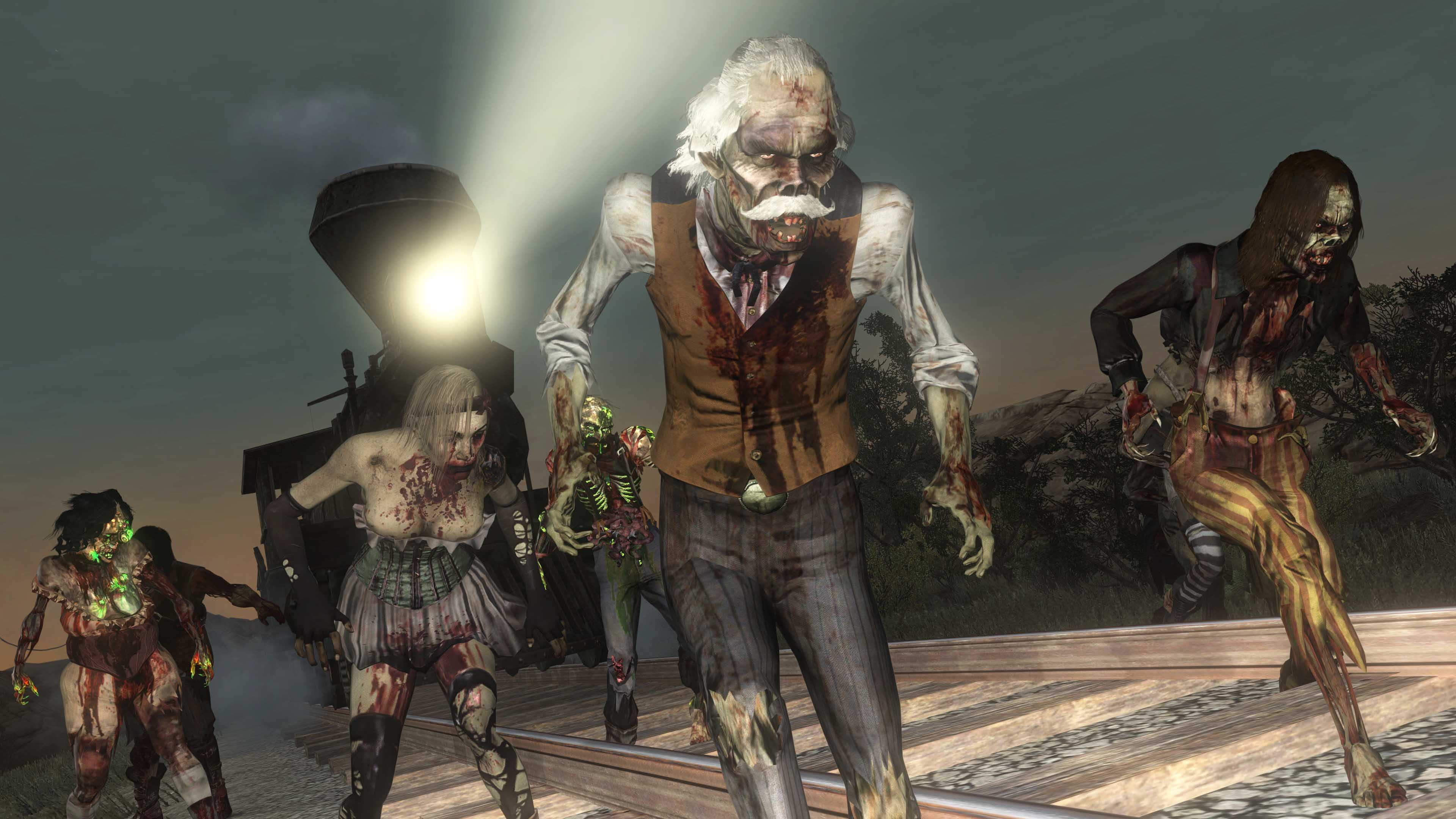 Zombi sui binari. Un treno sullo sfondo. Diversi zombi camminano verso lo spettatore, con sangue addosso.