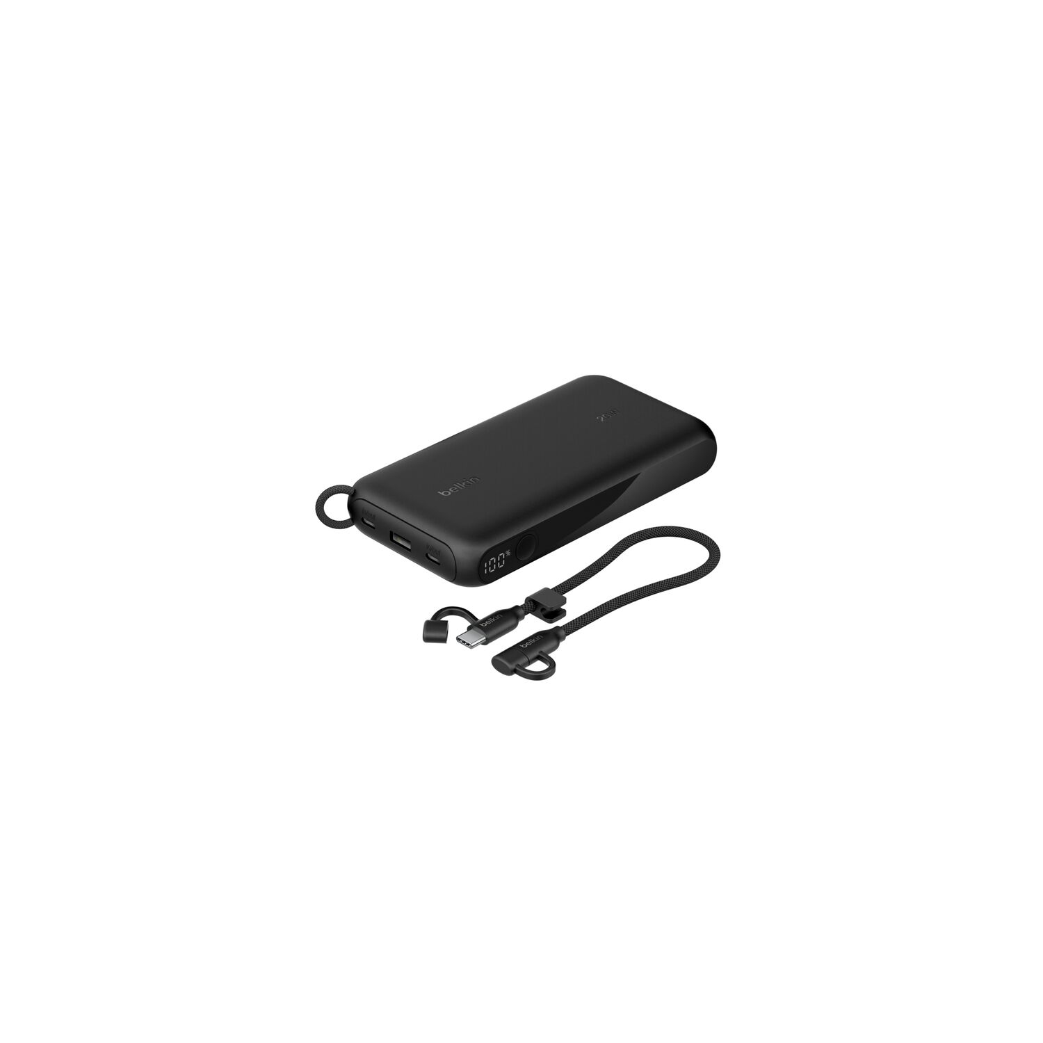 Batterie externe Belkin noire avec câble noir connecté et deux connecteurs. La batterie affiche 100% de charge.
