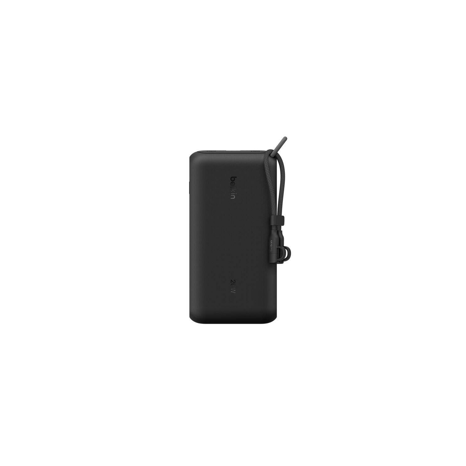 Une batterie externe Belkin 20W noire, debout sur fond blanc. Une sangle noire est attachée en haut de l'appareil.