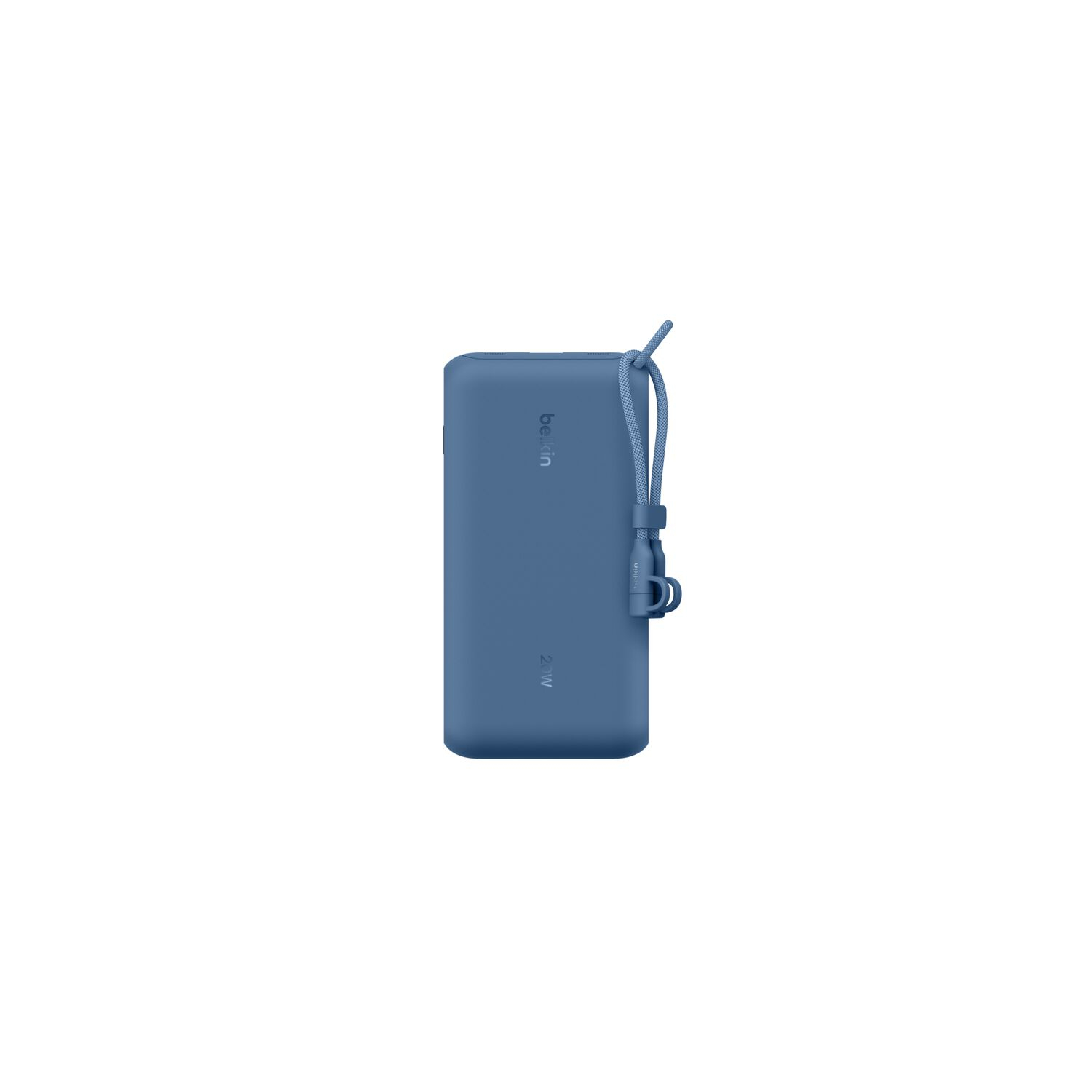 Une batterie externe Belkin 20W bleue. Elle a une boucle et une petite sangle. Le fond est blanc.