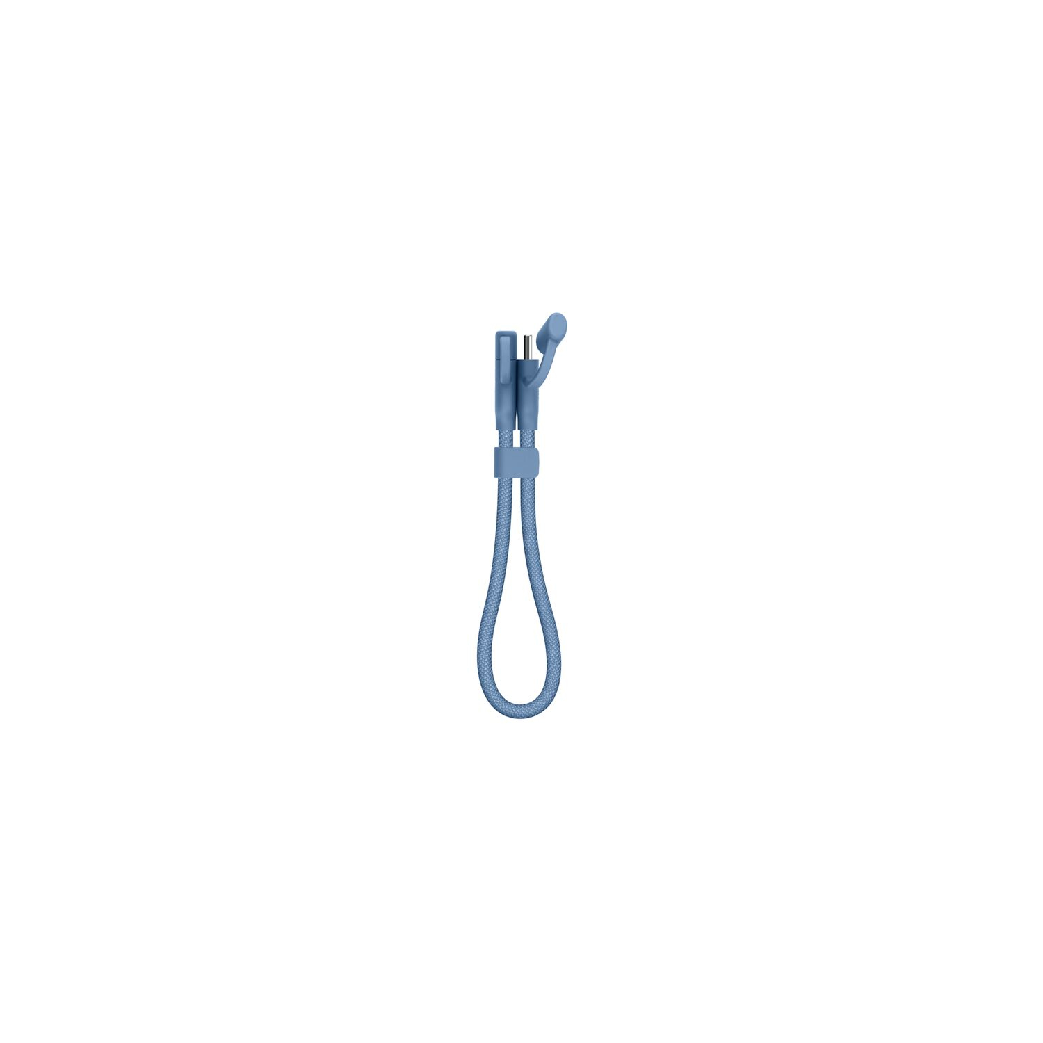 Une pomme de douche et un tuyau bleus sont centrés sur fond blanc. Le tuyau présente un motif texturé.