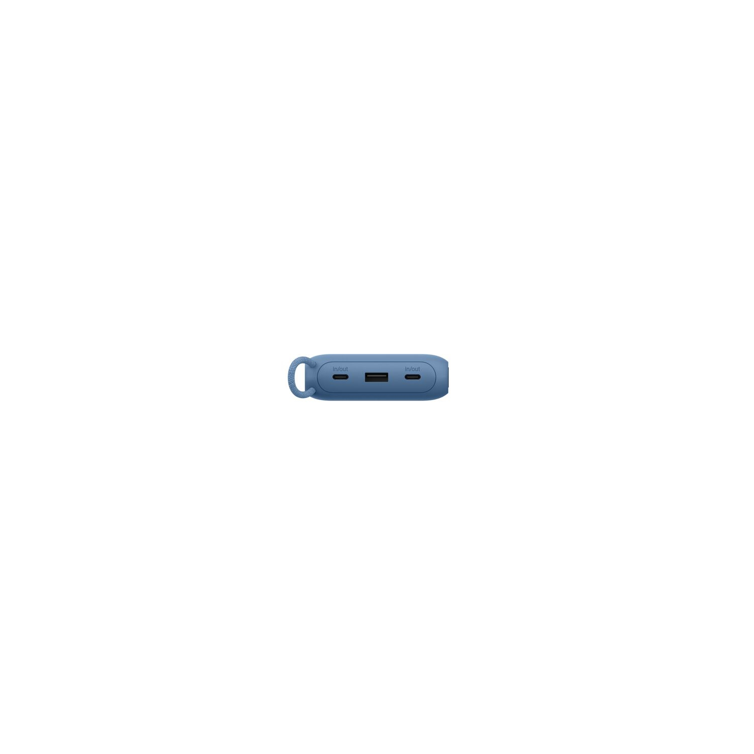 Une batterie externe bleue rectangulaire avec une boucle. Elle a des étiquettes 'in/out' et plusieurs ports. Le fond est blanc.