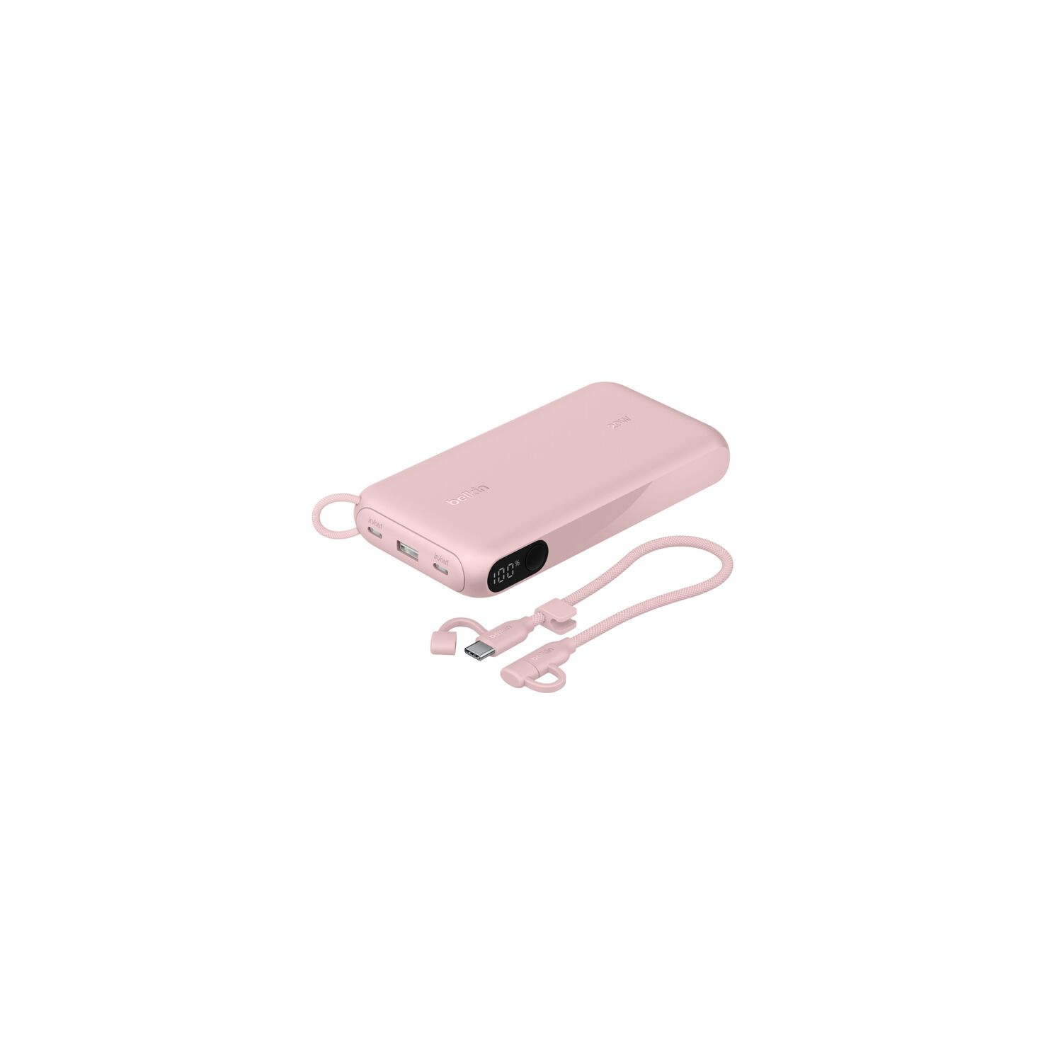 Une batterie externe rose avec un câble assorti. La batterie externe affiche 100 % de charge. Fond blanc.