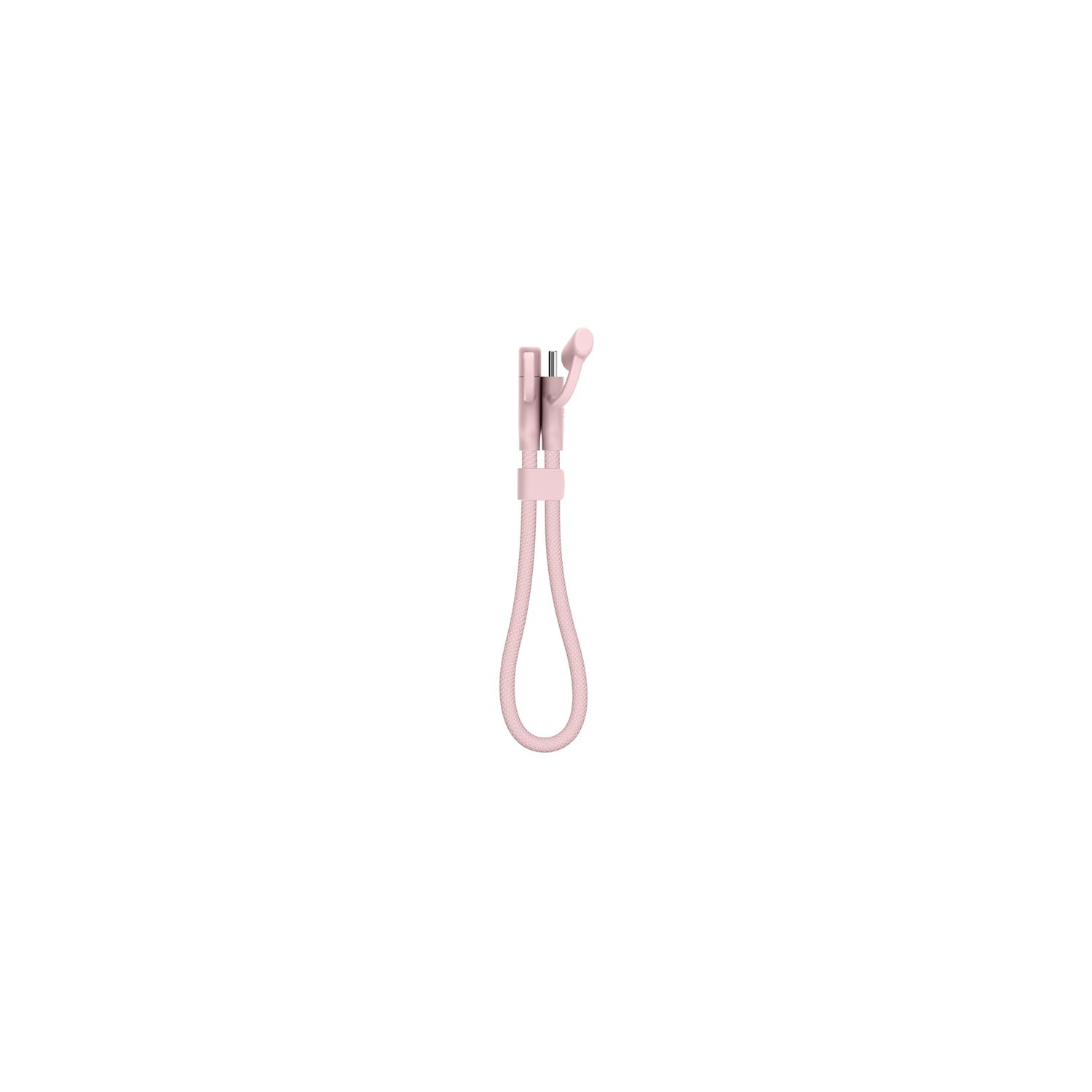 Un support de téléphone rose et flexible avec un design incurvé, se détachant sur un fond blanc. Le support a une partie inférieure en forme de U.