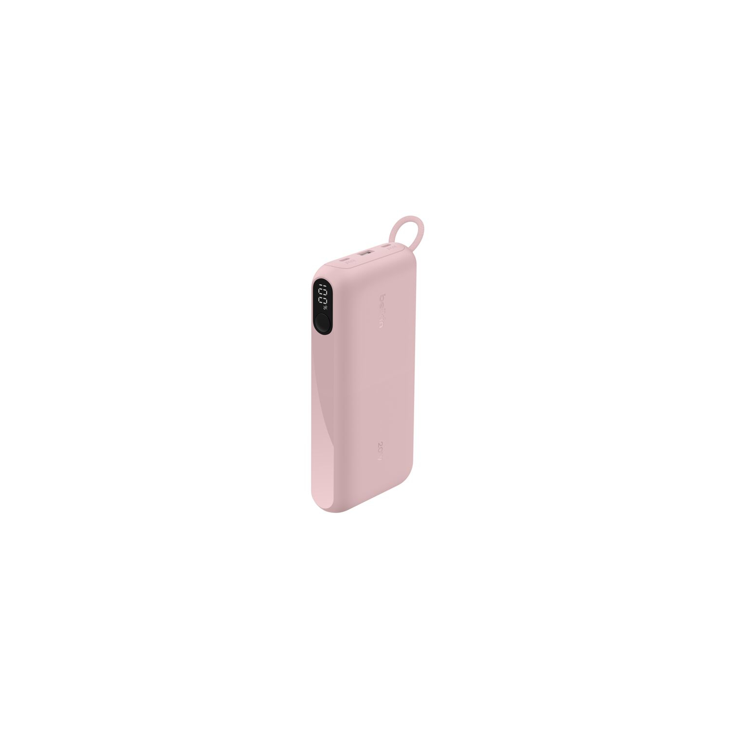 Une batterie externe rose Belkin avec un affichage numérique indiquant 100%. Elle a une boucle en haut et un fond blanc.