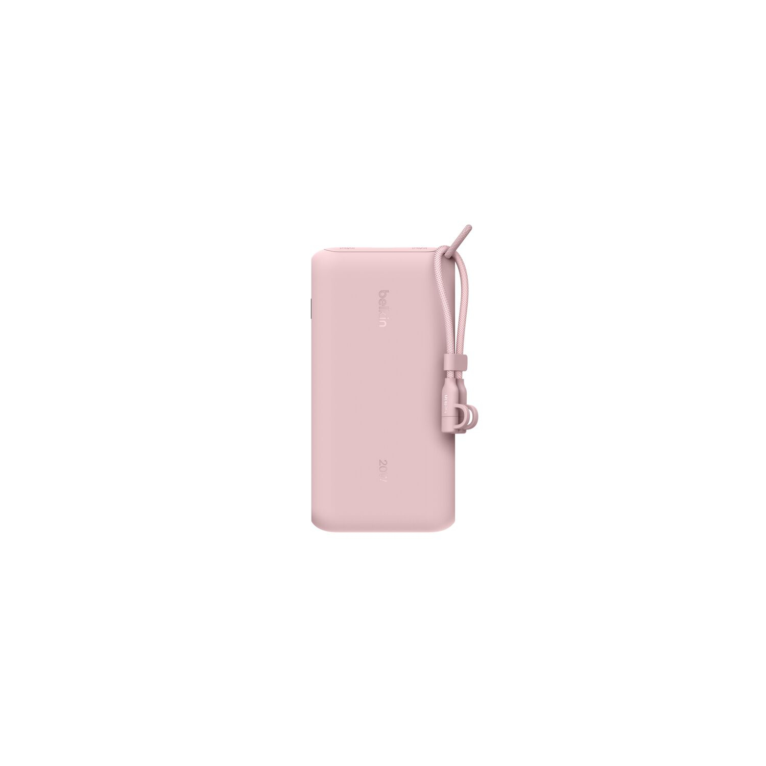 Une batterie externe Belkin rose avec une sangle. Elle porte le logo Belkin et le chiffre 20W sur le côté. Fond blanc.