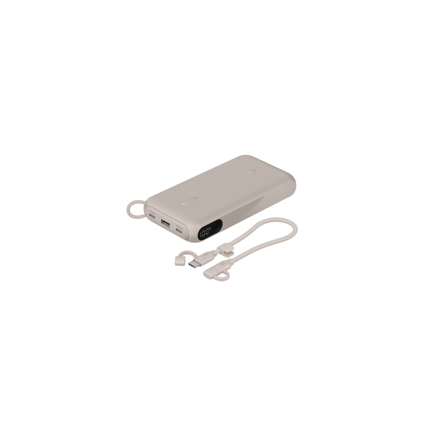 Une batterie externe beige avec un câble connecté, affichant 100 %. La batterie et le câble sont sur fond blanc.