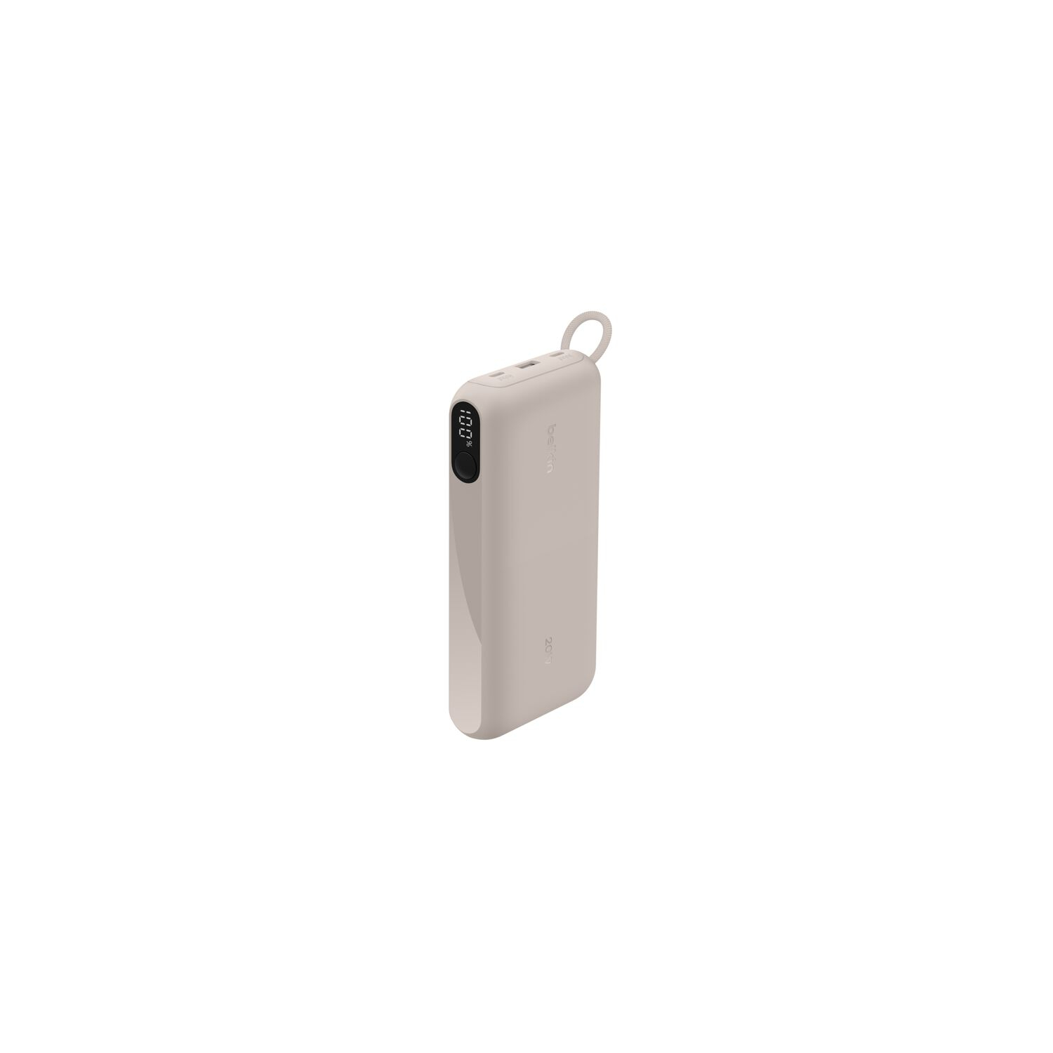 Une batterie externe Belkin beige indiquant 100 % de charge. Elle a une boucle en haut et un écran affichant le niveau de charge.