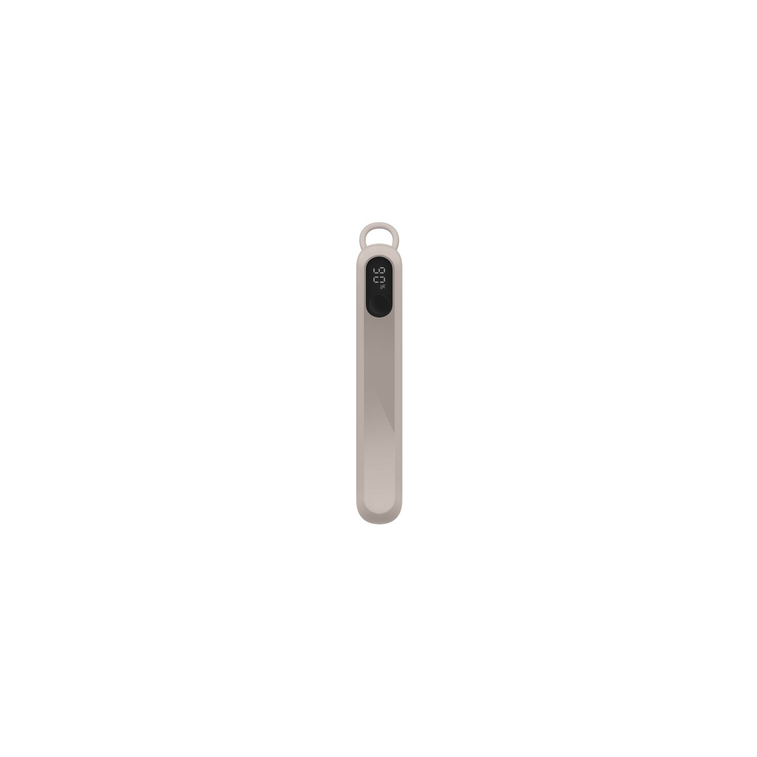 Un appareil beige vertical avec un écran affichant 90% sur fond blanc. Il y a une boucle en haut.