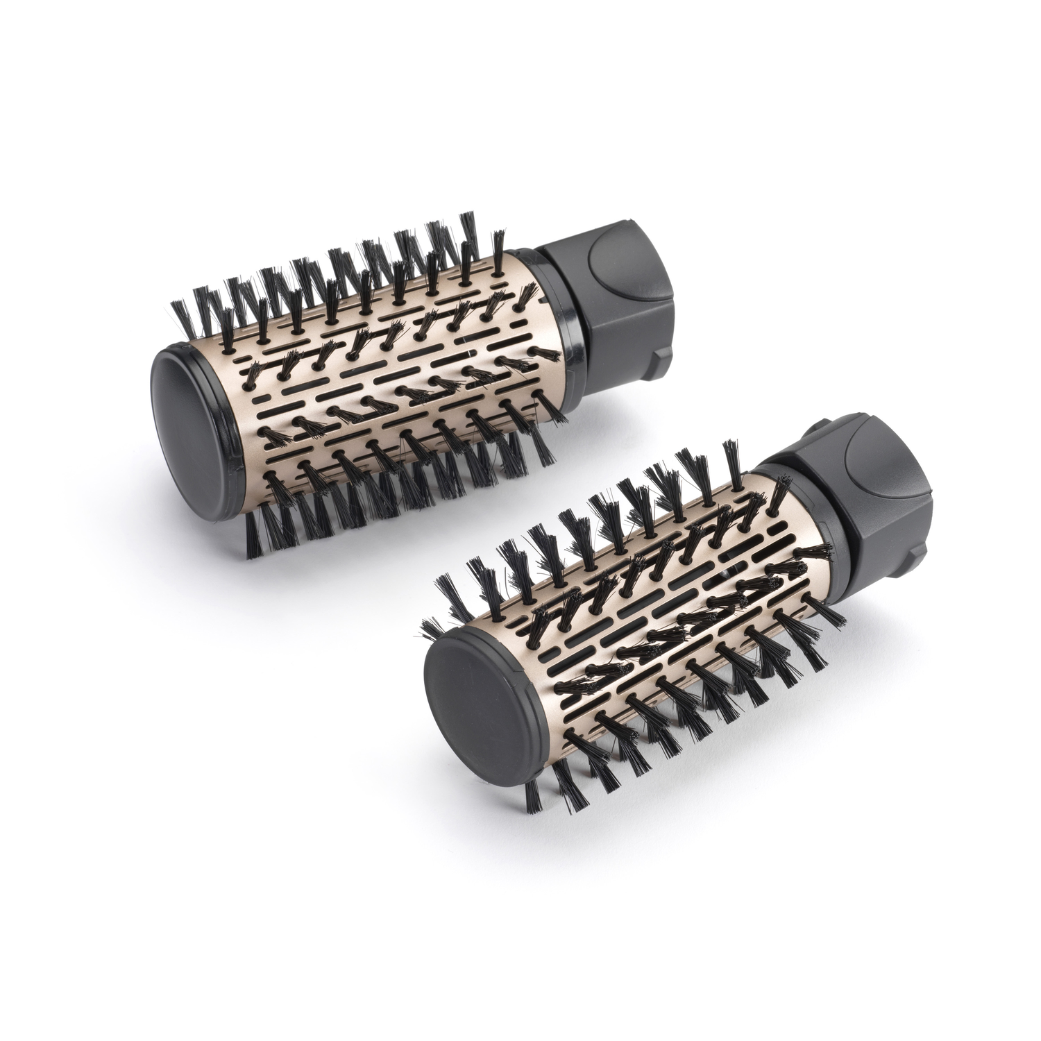 Two hair brushes with black bristles and gold-colored barrels on a white background. They are cylindrical with black handles.
