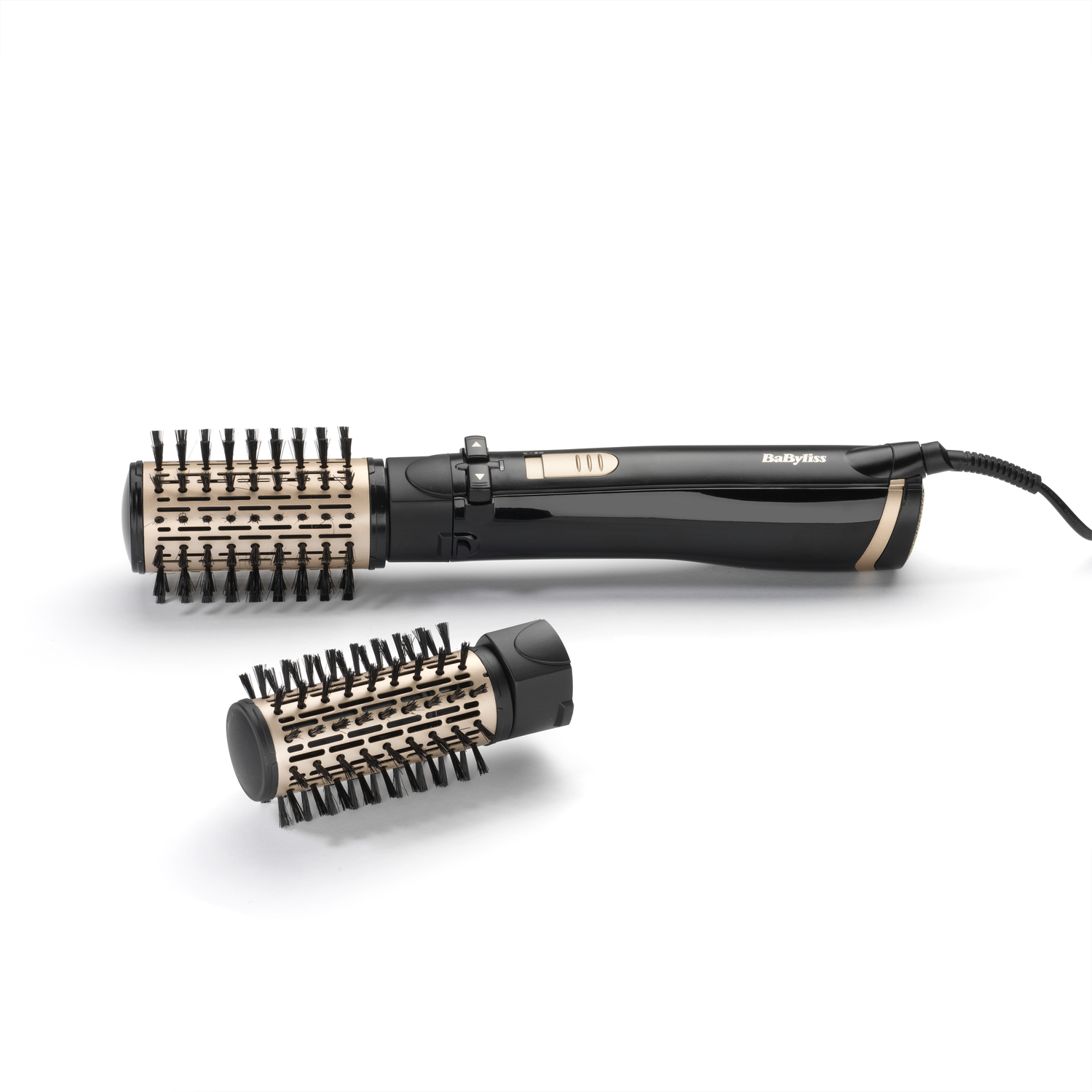 A black and gold Babyliss hair styling tool with two brush attachments, one detached. White background.