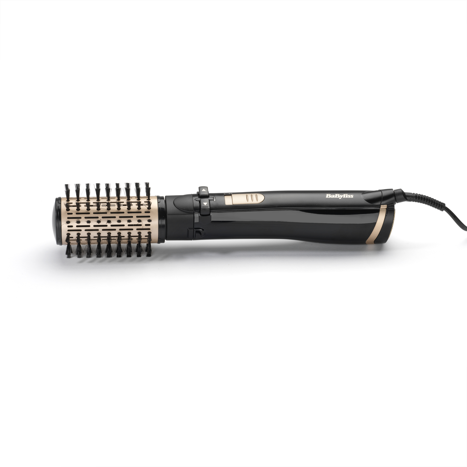 A black and gold BaByliss hair styler on a white background. The styler has a round brush head and a handle.