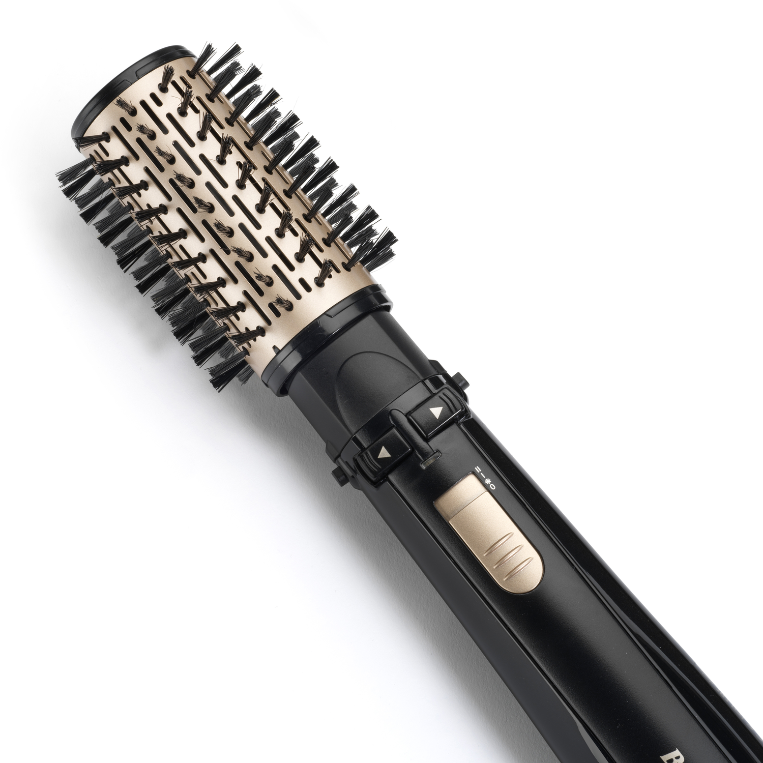 A black and gold hair styling brush on a white background. The brush has bristles and several settings on its handle.