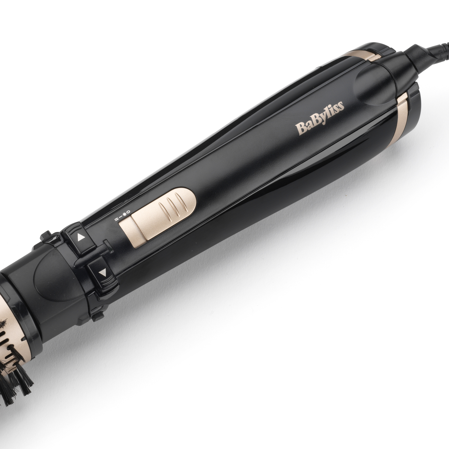 A black and gold Babyliss hair styling brush. Features include a rotating brush, adjustable settings, and a power cord.