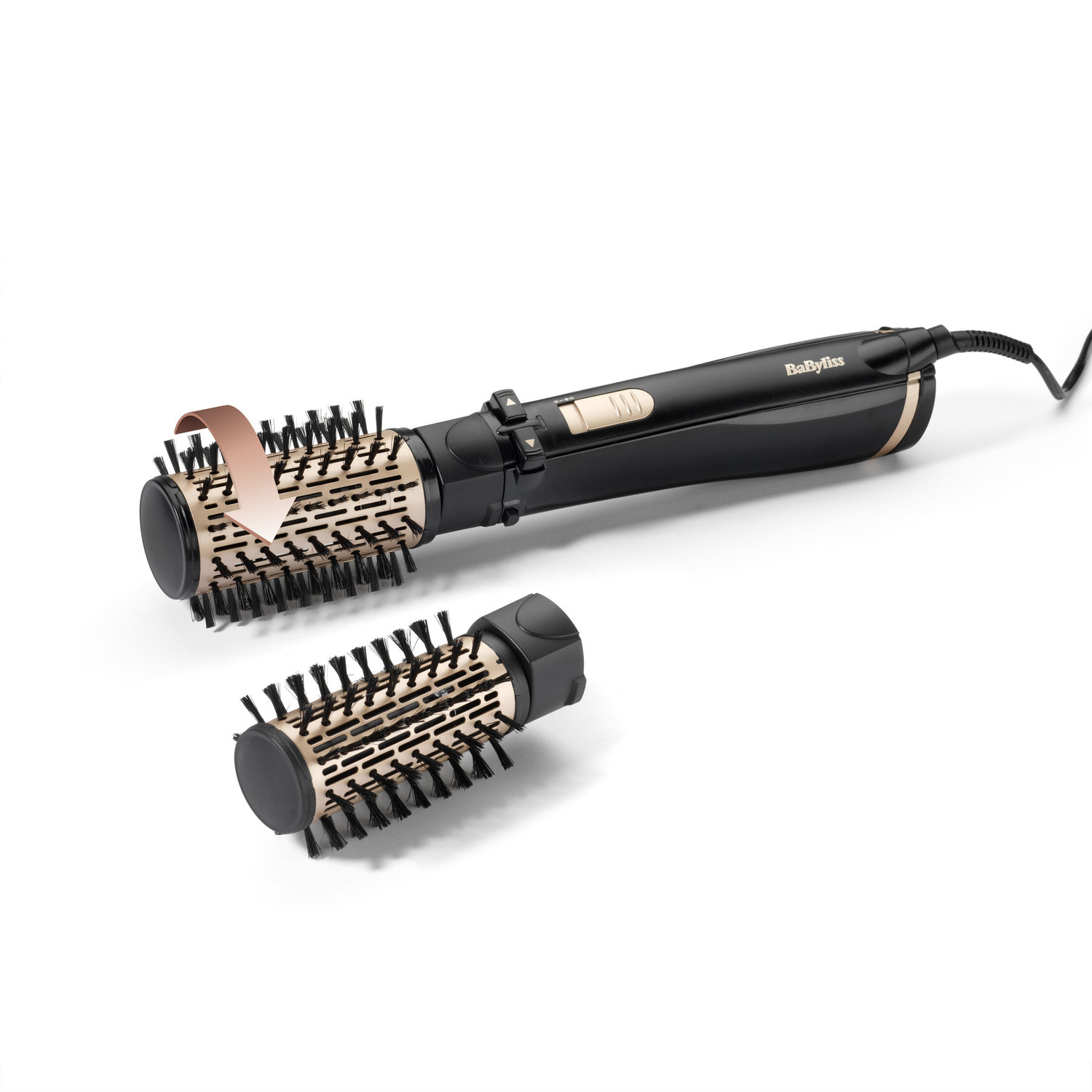 A black and gold Babyliss hair styler with two brush attachments, one attached and one separate, against a white background.