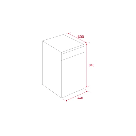 Un dibujo lineal de un objeto rectangular, posiblemente un armario, con dimensiones: 600, 845 y 448, marcado en rojo.