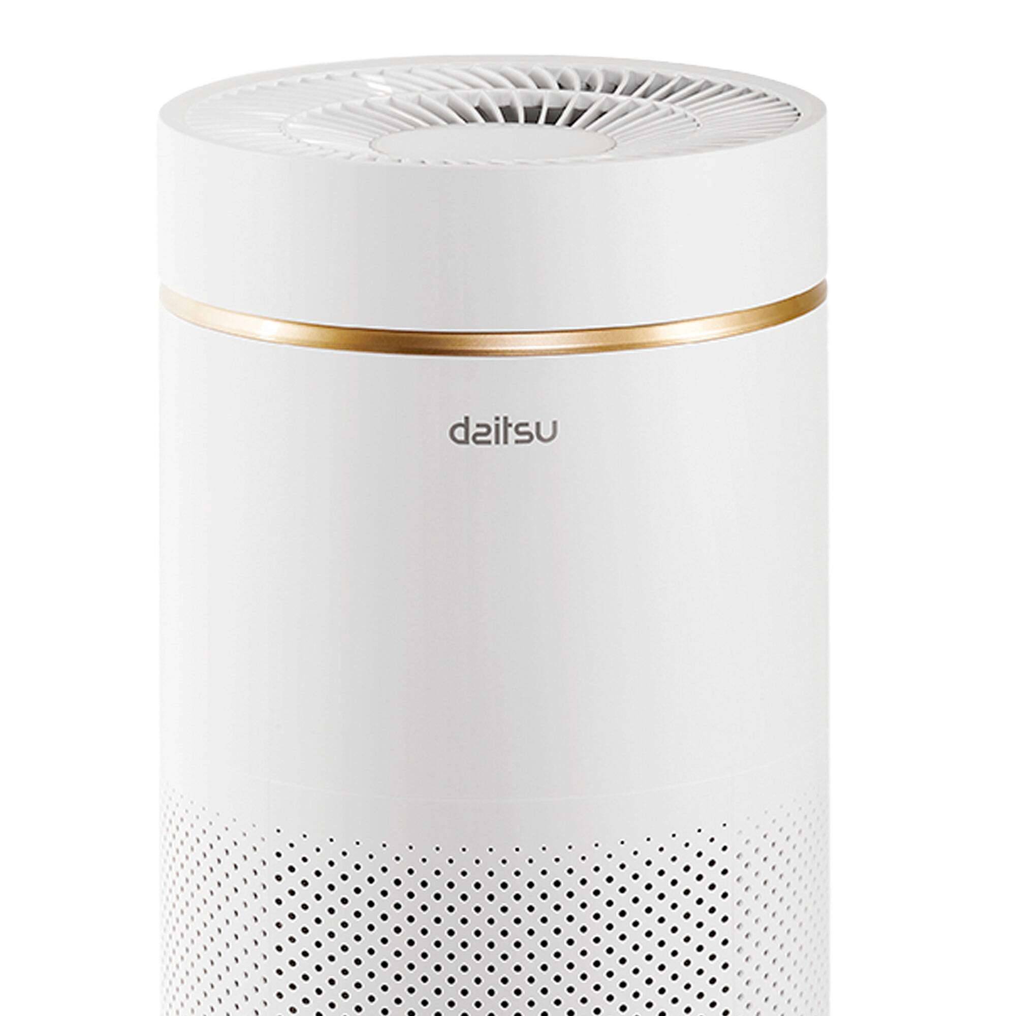 Purificador de aire blanco con banda dorada y fondo punteado. Visible la marca 'daitsu'. La parte superior tiene un diseño de ventilador.