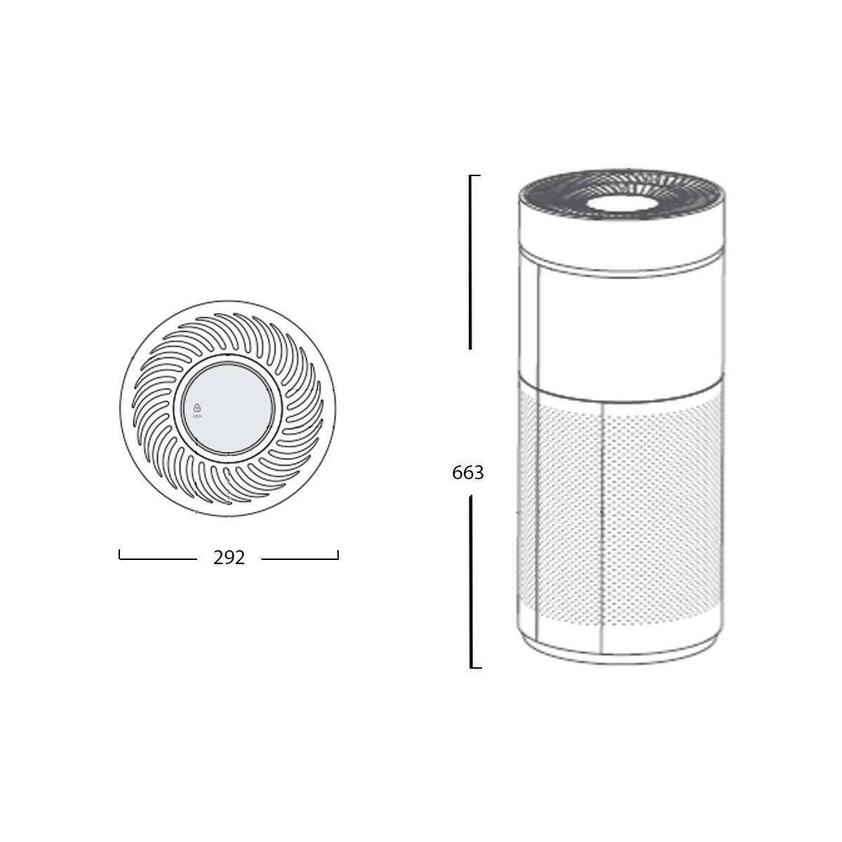 Diagrama de un purificador de aire. Muestra una vista superior y una vista lateral con dimensiones. La vista lateral muestra que la altura es de 663 mm, y la vista superior es de 292 mm.