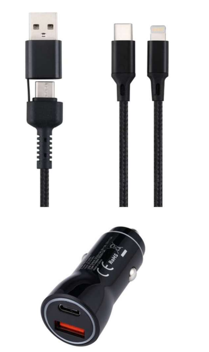 Una imagen que muestra cables de carga USB y un cargador de coche. Los cables tienen varios conectores y el cargador del coche es negro.