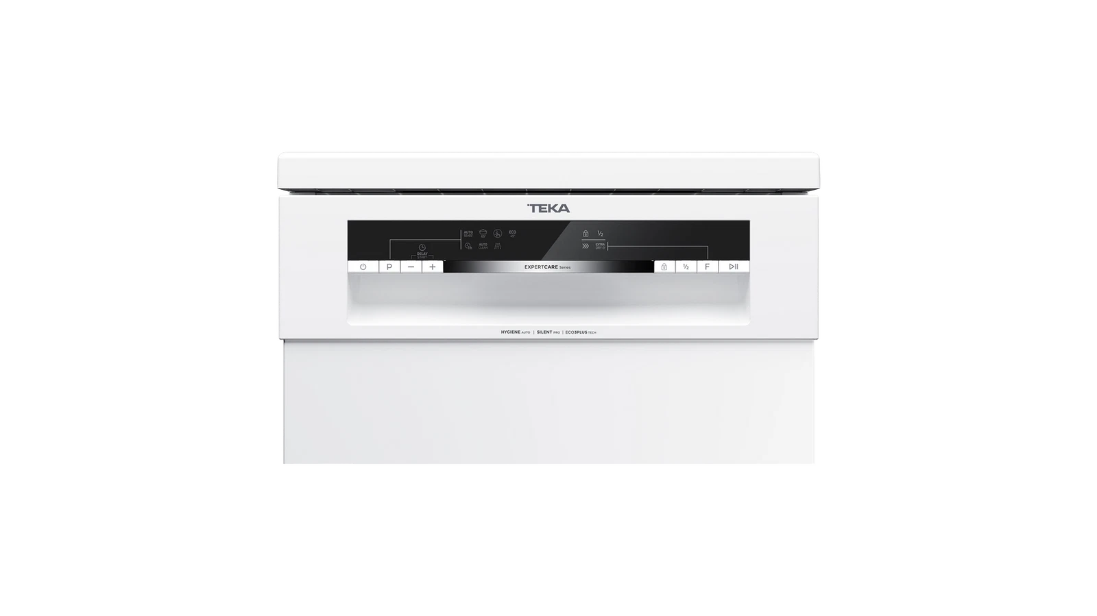 Un lavavajillas Teka blanco. Tiene un panel de control con botones y una pantalla. La marca está arriba.