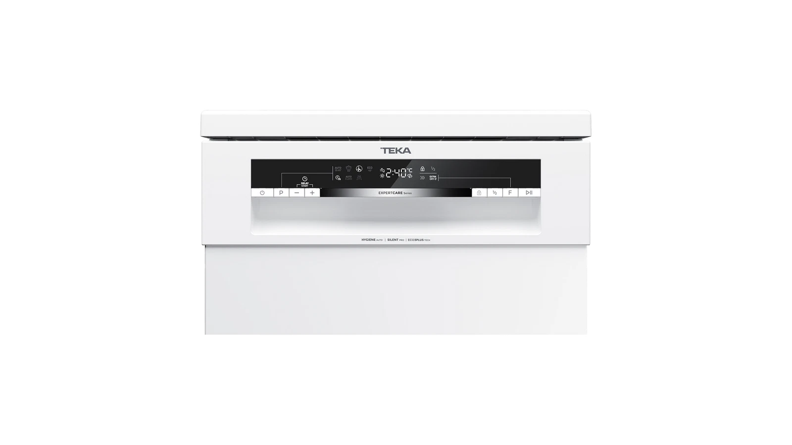 Lavavajillas Teka blanco. Pantalla negra muestra tiempo y ajustes. Botones para encendido, opciones e inicio. Serie ExpertCare.