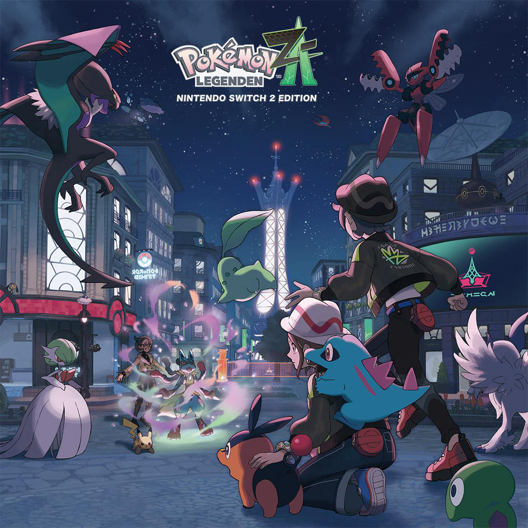 Pokemon Legends Z-A Cover. Charaktere und Pokemon in einer Stadt bei Nacht. Im Hintergrund ein großer Turm und Sternenhimmel.