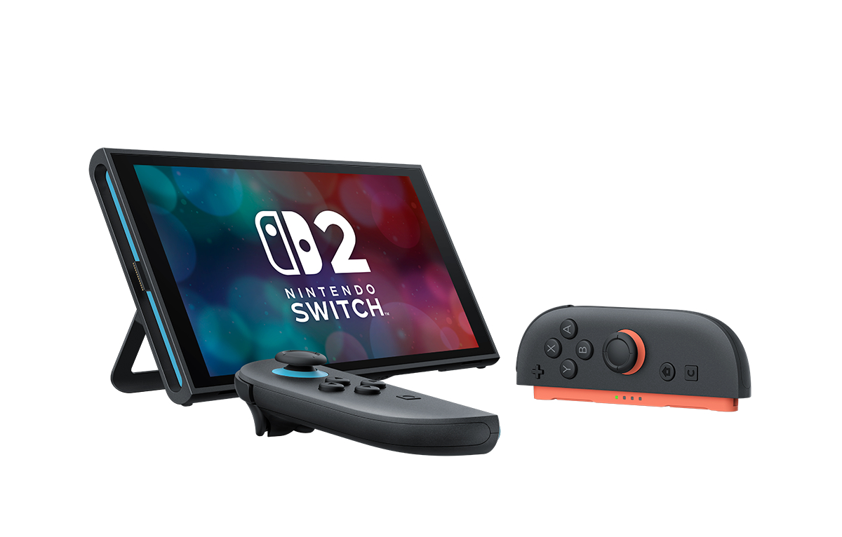 Nintendo Switch Konsole mit Bildschirm, zwei Controllern und einem abnehmbaren Controller, alles vor weißem Hintergrund.