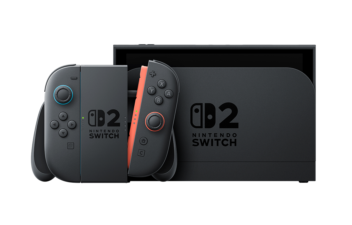 Nintendo Switch Konsole mit grauen und orangefarbenen Controllern. Konsole und Controller auf weißem Hintergrund.