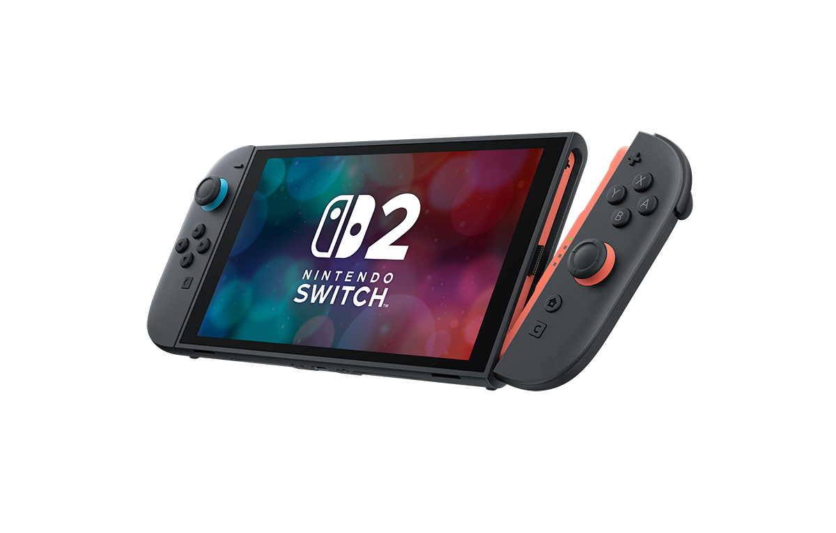 Eine Nintendo Switch-Konsole mit abnehmbaren Controllern. Der Bildschirm zeigt das Nintendo Switch-Logo und einen bunten Hintergrund.