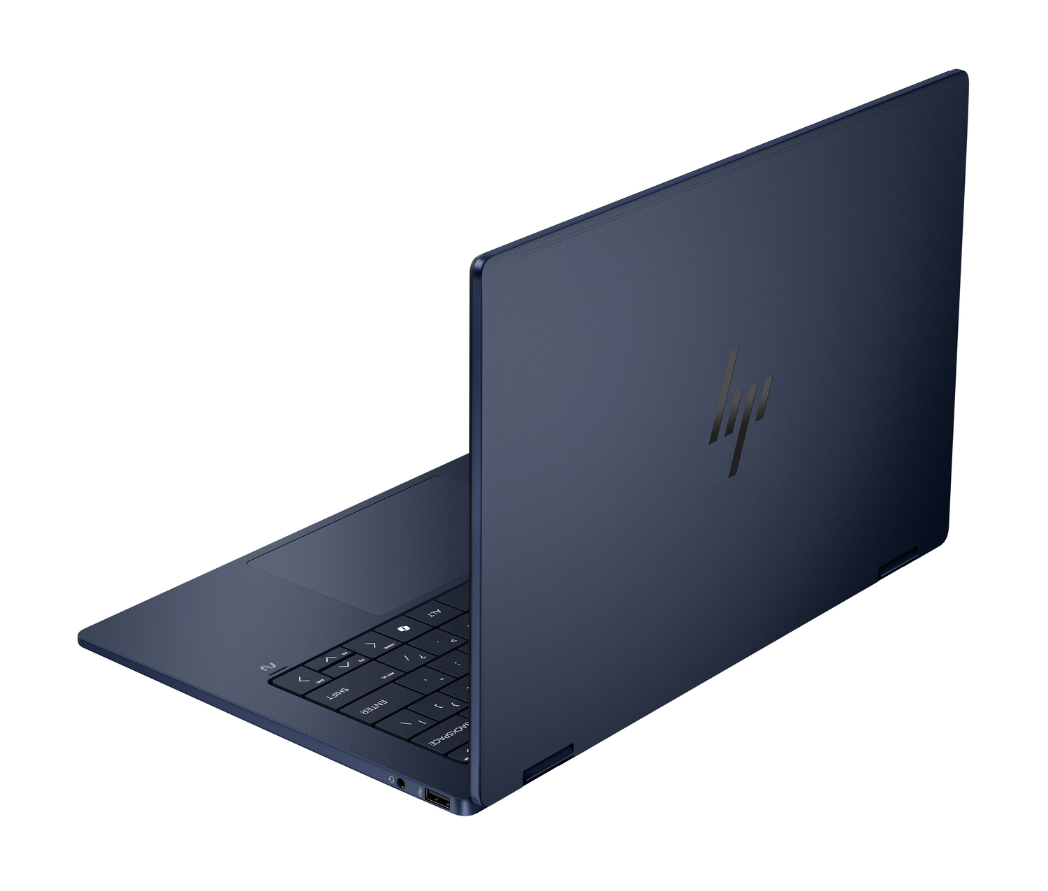 Una laptop HP azul marino está abierta, mostrando el teclado y la pantalla. La tapa muestra el logotipo de HP. El fondo es blanco.