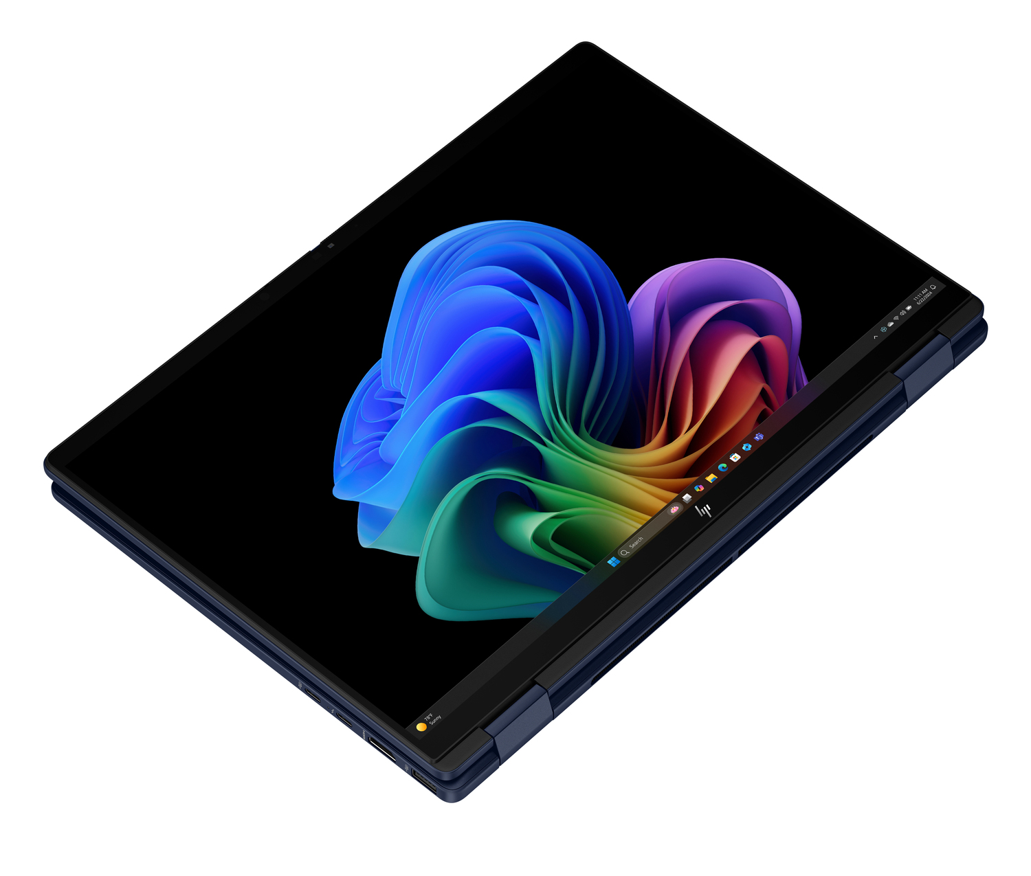 Laptop abierto, pantalla muestra diseño abstracto colorido. Marco azul oscuro. Arriba a la derecha, iconos y hora.