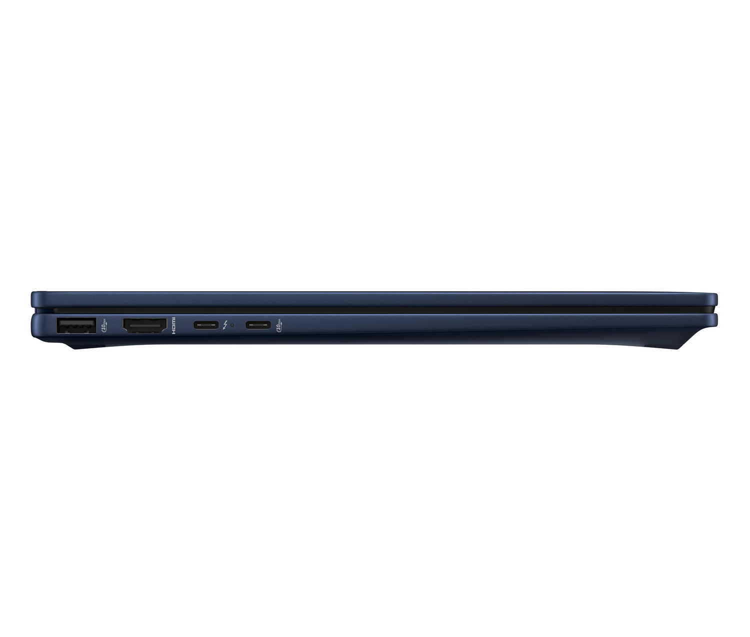 Vista lateral de un portátil azul oscuro cerrado. Los puertos visibles incluyen USB, HDMI y puertos de carga. Un fondo blanco rodea el portátil.