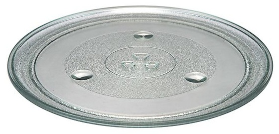 Przezroczysty szklany talerz do kuchenki mikrofalowej z podniesioną krawędzią i trzema małymi wypukłościami. Symbol kuchenki mikrofalowej jest na środku.