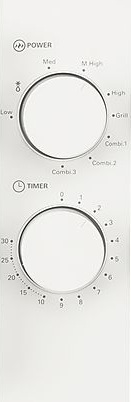 Panel sterowania kuchenką mikrofalową. Górne pokrętło do ustawień mocy, dolne pokrętło do timera. Oba białe z czarnym tekstem.