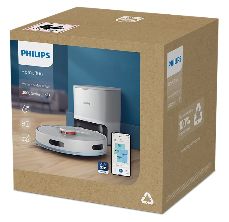 Karton z robotem sprzątającym Philips HomeRun, stacją ładującą i smartfonem z mapą robota.
