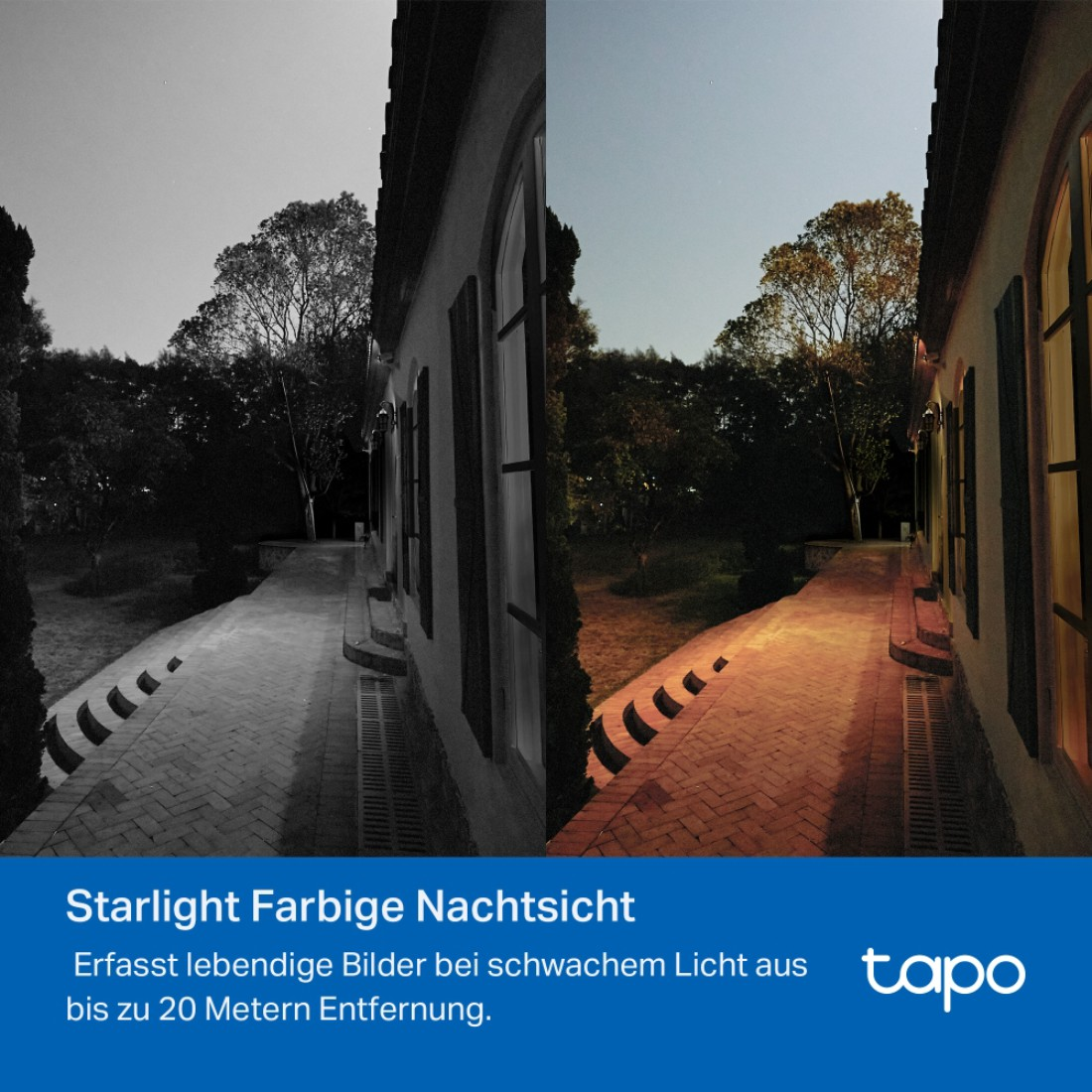 Ein Gebäude mit beleuchteten Fenstern und einem Weg. Bäume und ein Nachthimmel sind sichtbar. Nachtsichtvergleich.