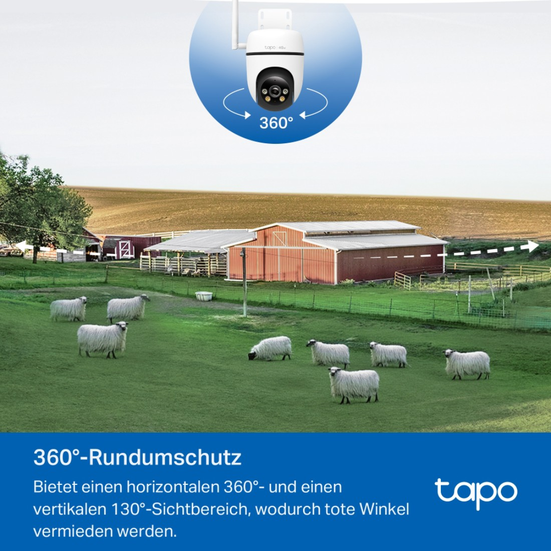 Eine Überwachungskamera zeigt eine 360°-Ansicht von Schafen, die auf einer grünen Wiese in der Nähe roter Scheunen grasen.