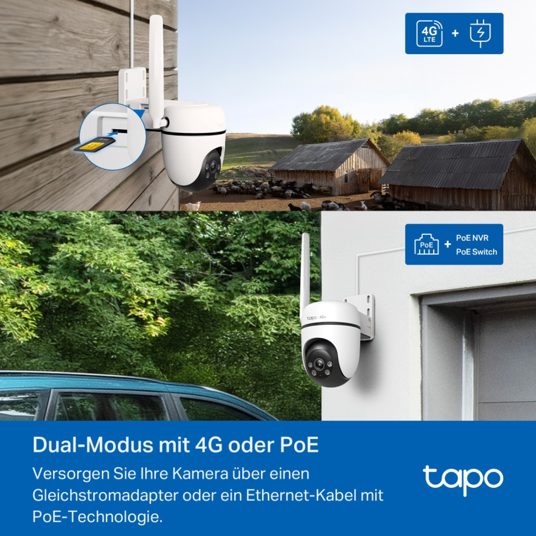 Eine weiße Tapo-Sicherheitskamera ist an einer Wand montiert. Das Bild zeigt eine Farm mit Schafen und Holzhäusern.