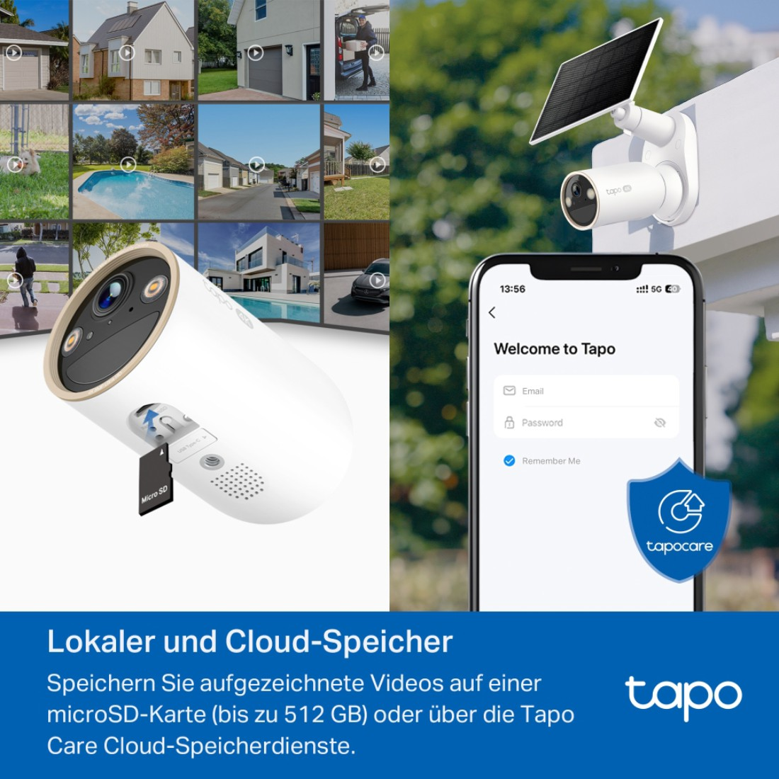 Weiße Tapo-Sicherheitskamera mit microSD-Karte, Telefon mit Tapo-App und Solarpanel. Hintergrund zeigt Hausbilder.